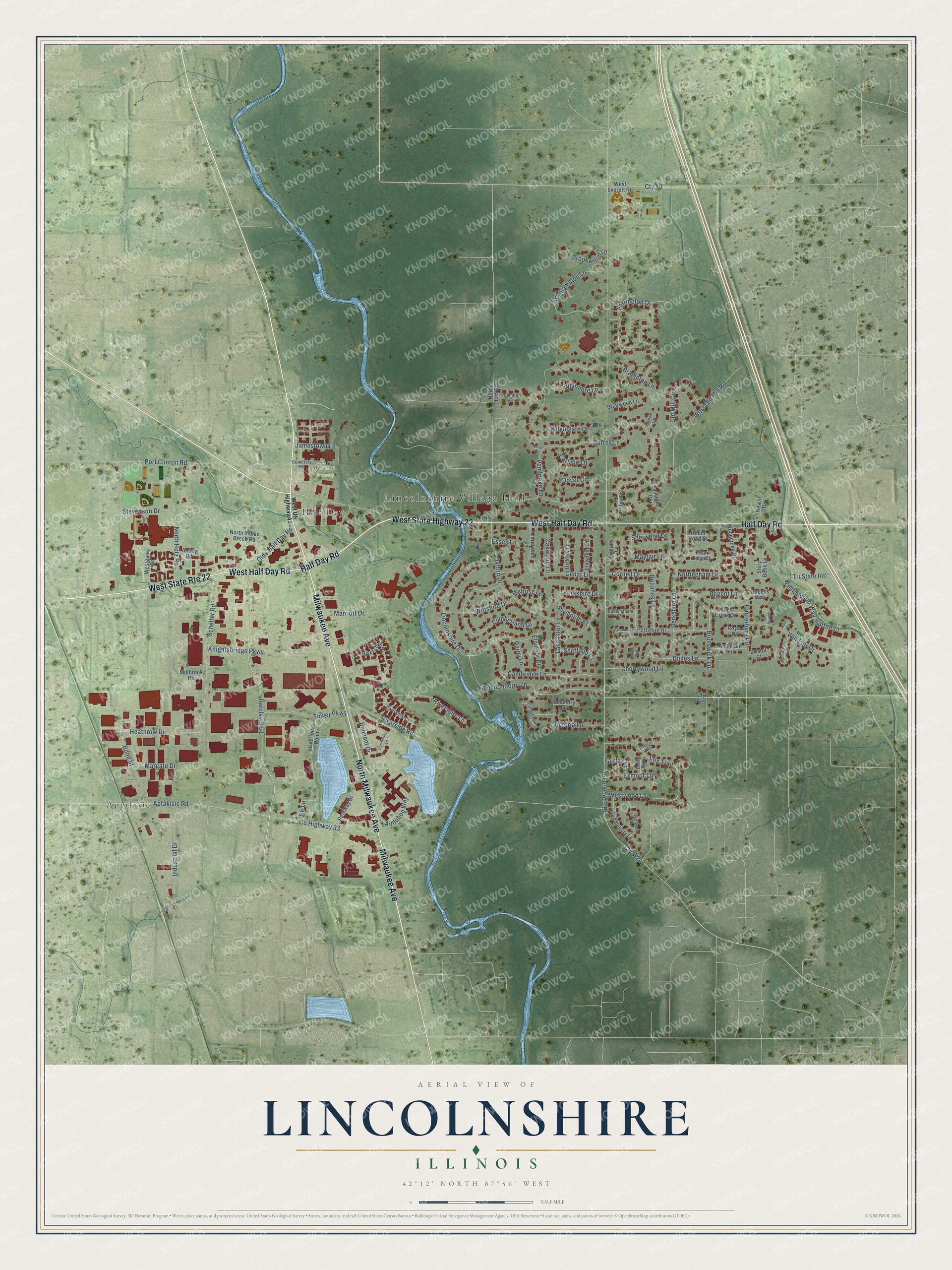 Full map of Lincolnshire, Illinois, with red buildings, printed street names and the land around them