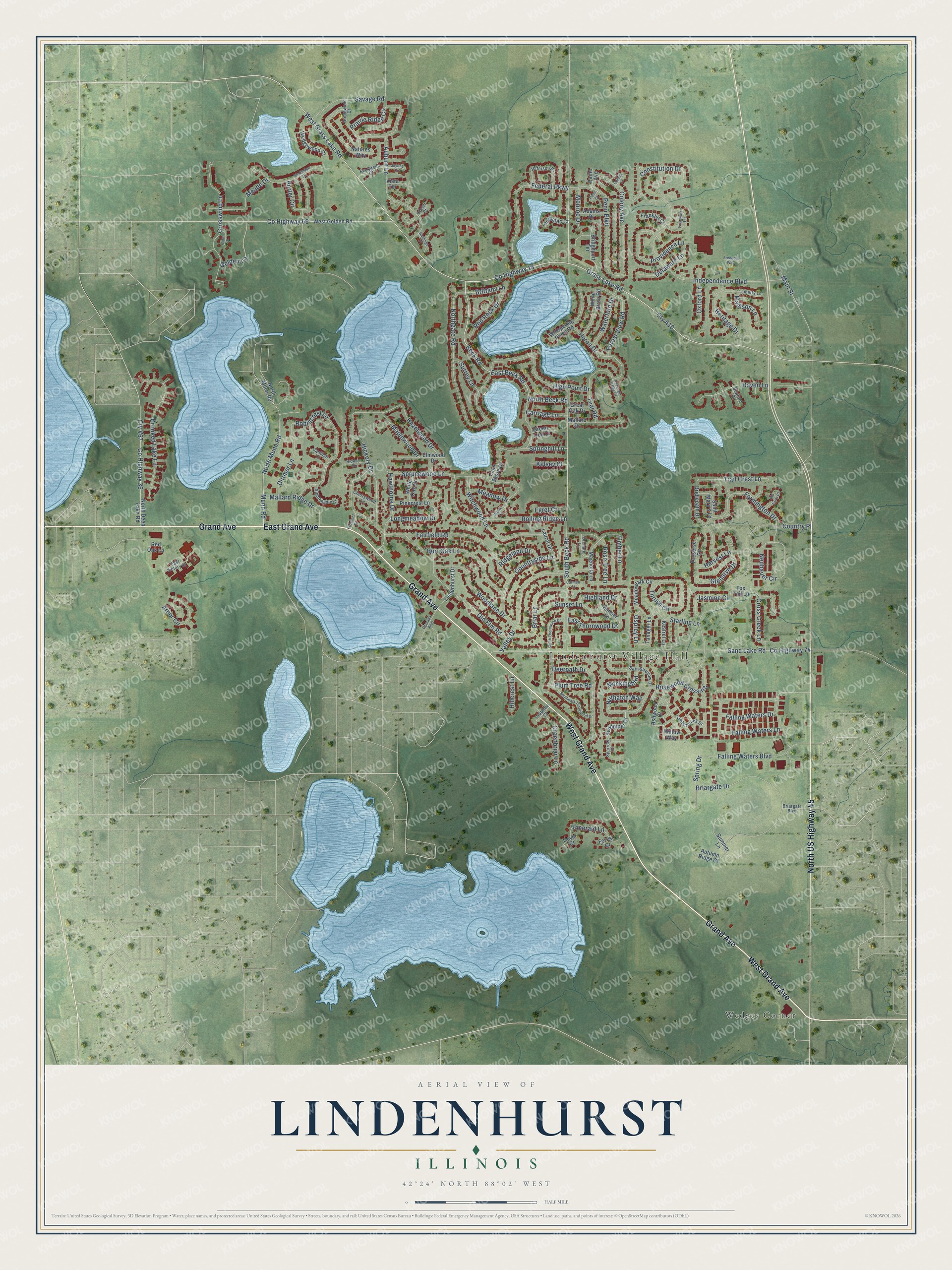 Full map of Lindenhurst, Illinois, with red buildings, printed street names and the land around them