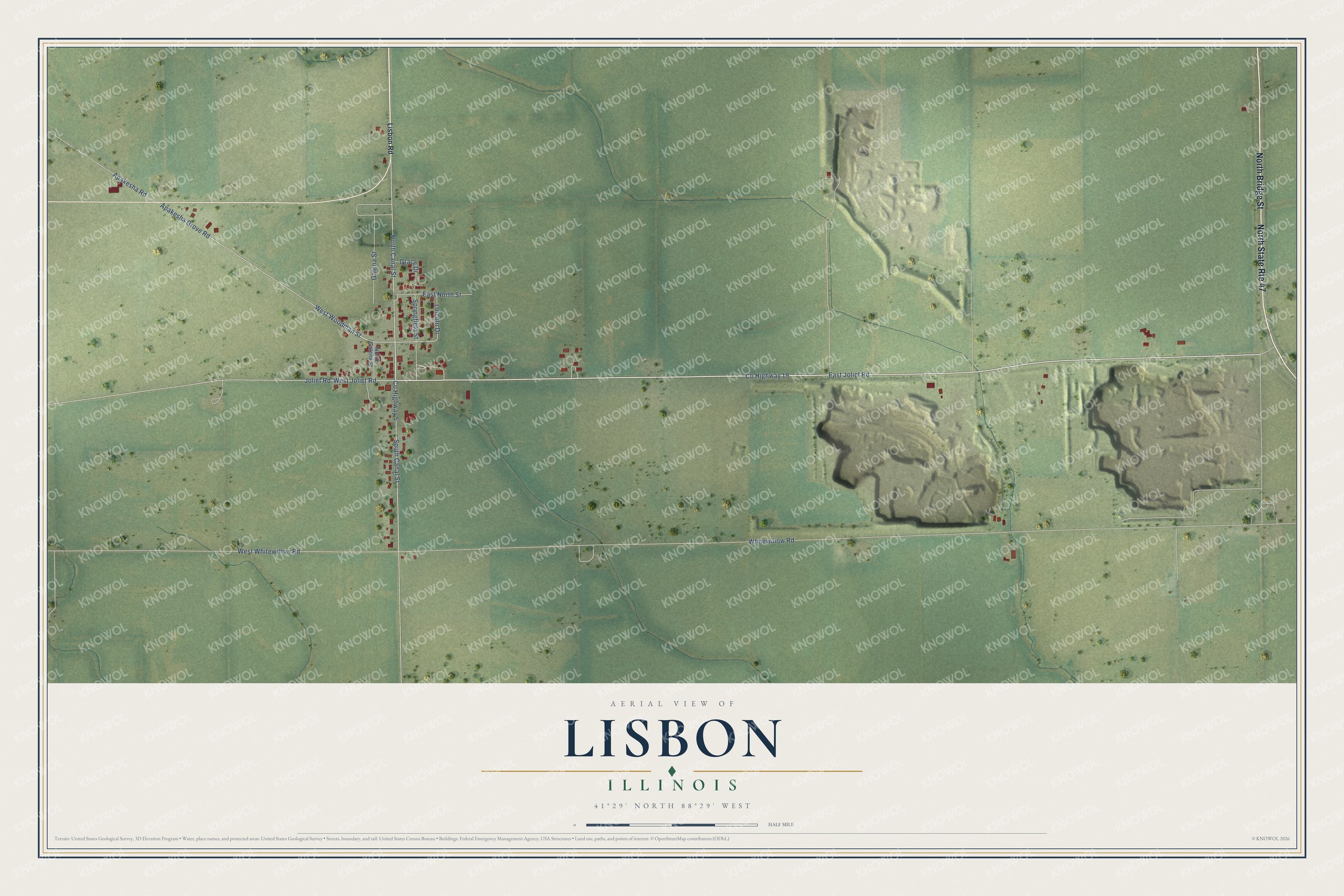 Full map of Lisbon, Illinois, with red buildings, printed street names and the land around them