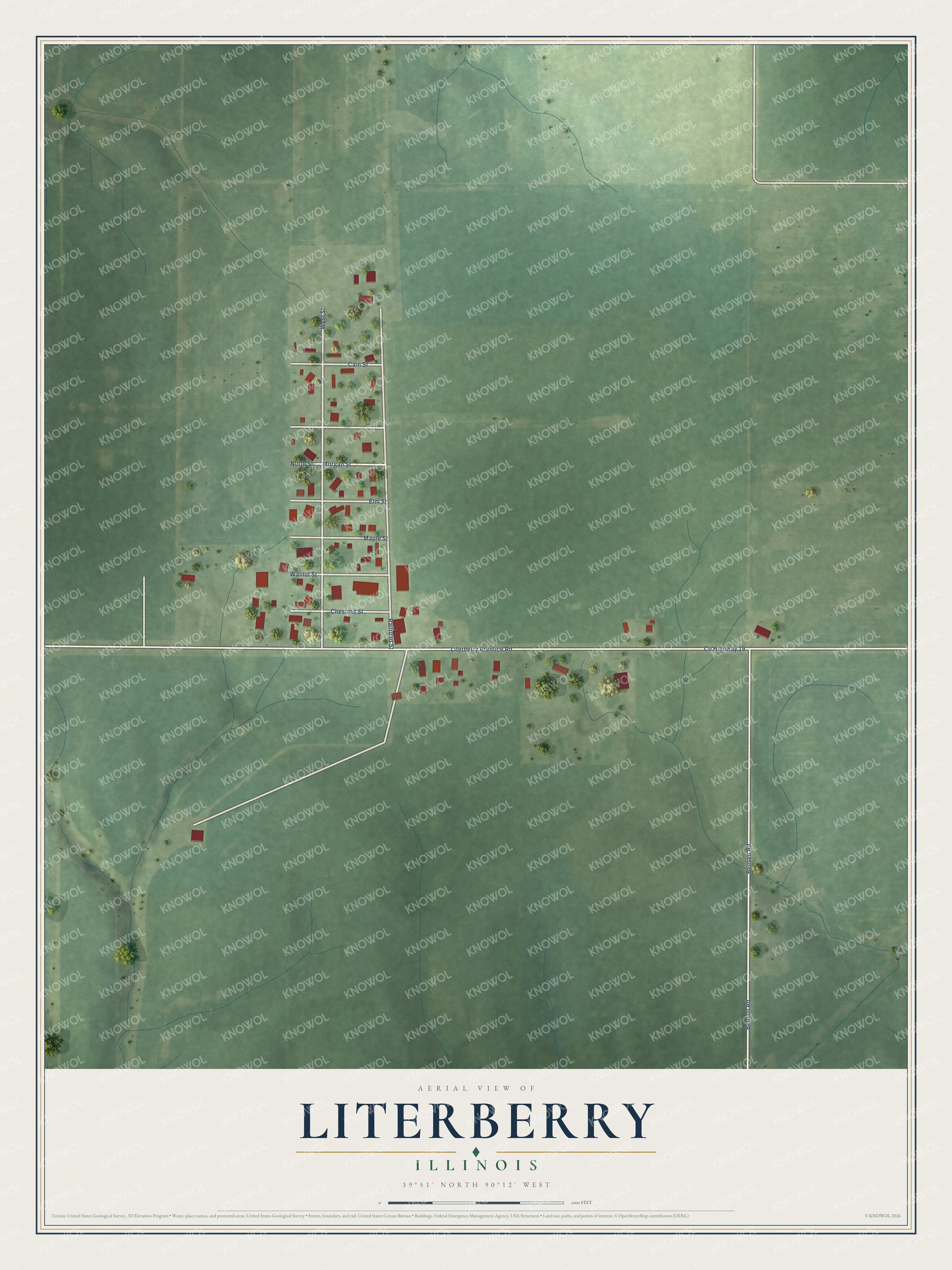 Full map of Literberry, Illinois, with red buildings, printed street names and the land around them