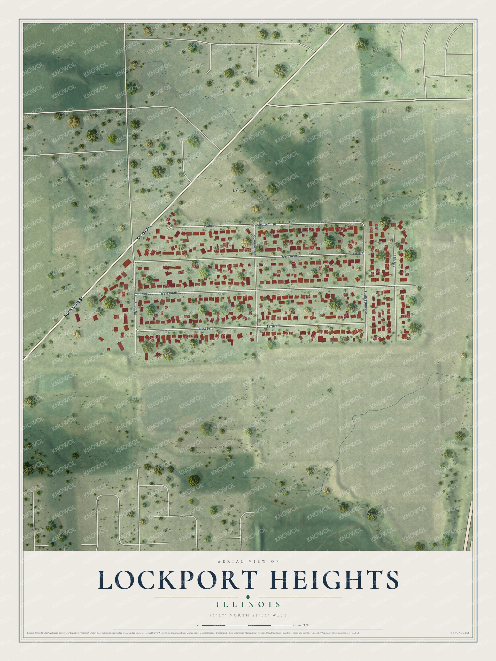 Full map of Lockport Heights, Illinois, with red buildings, printed street names and the land around them