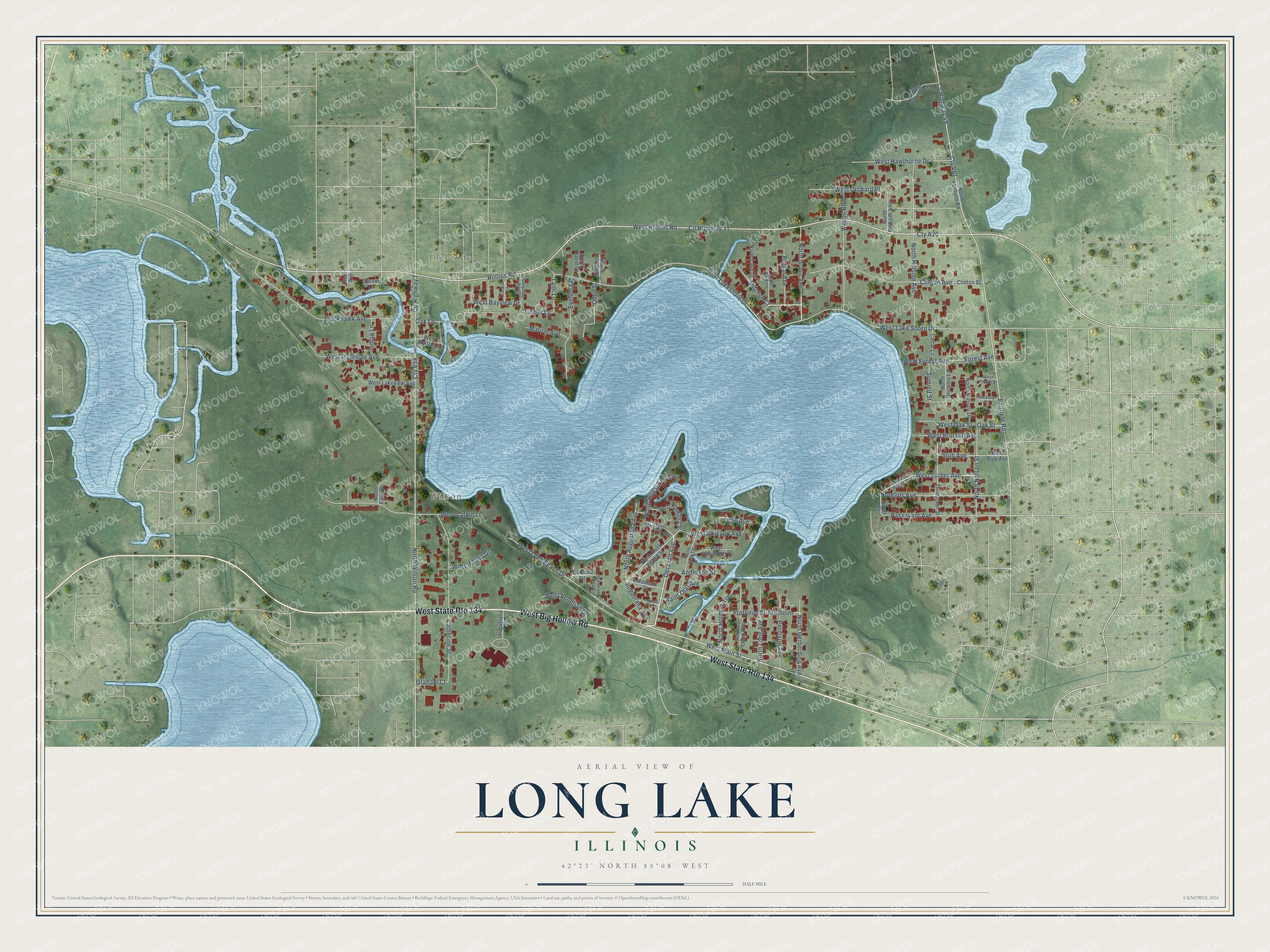 Full map of Long Lake, Illinois, with red buildings, printed street names and the land around them