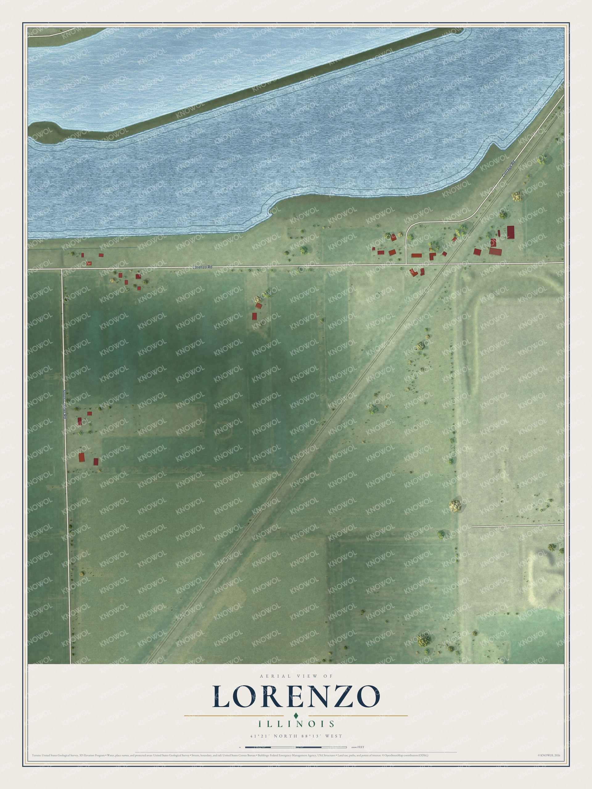 Full map of Lorenzo, Illinois, with red buildings, printed street names and the land around them