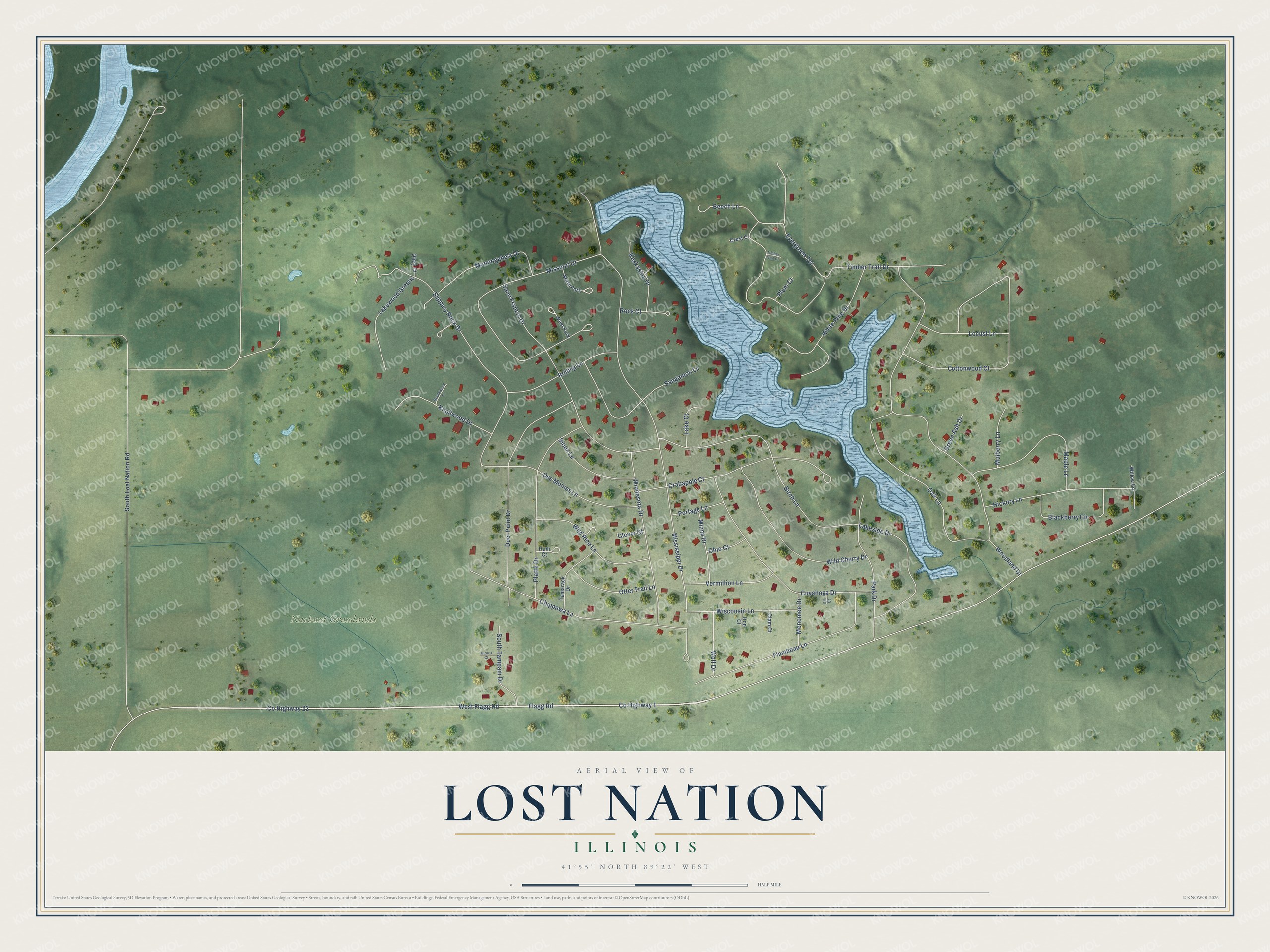 Full map of Lost Nation, Illinois, with red buildings, printed street names and the land around them