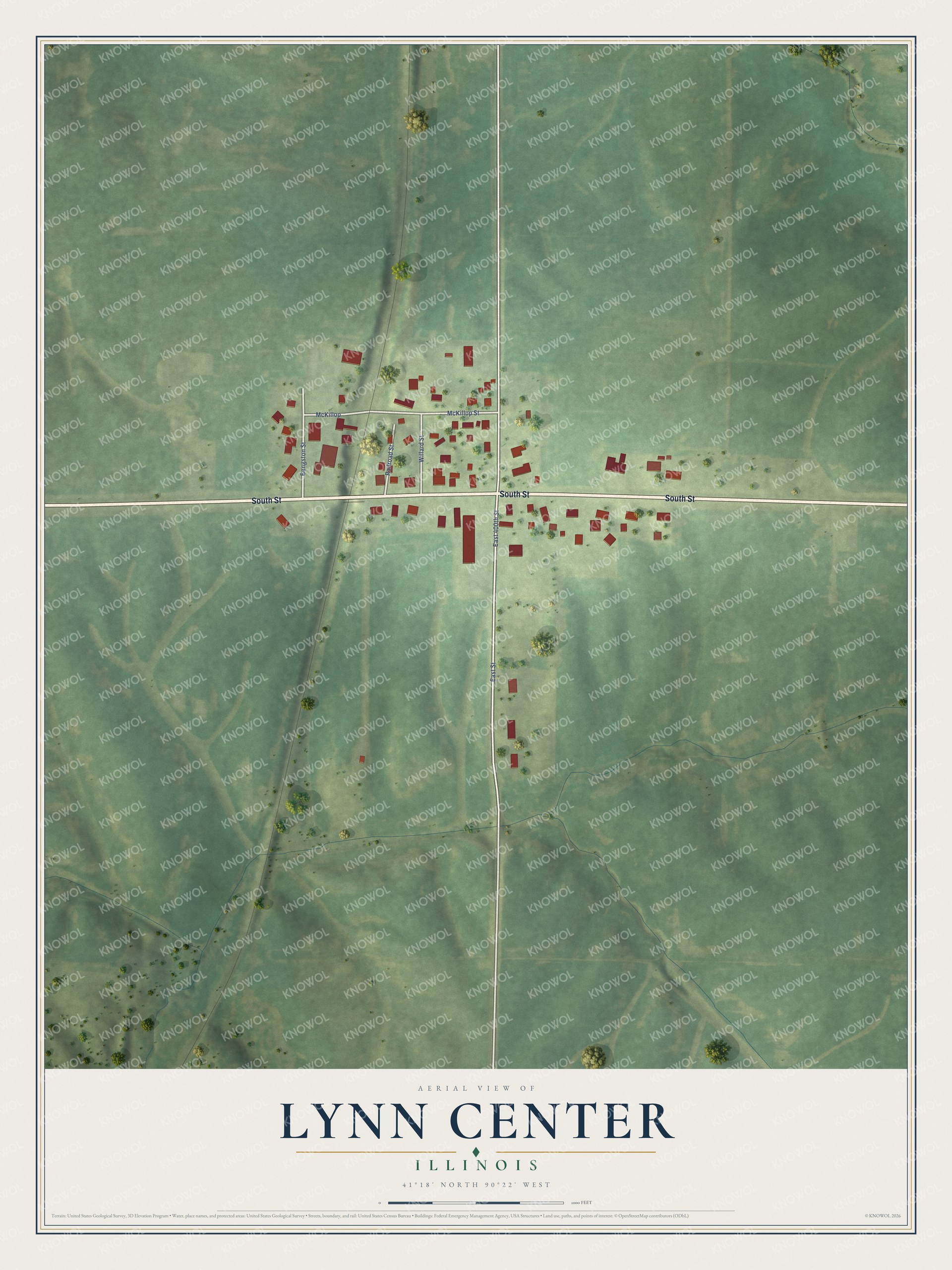 Full map of Lynn Center, Illinois, with red buildings, printed street names and the land around them