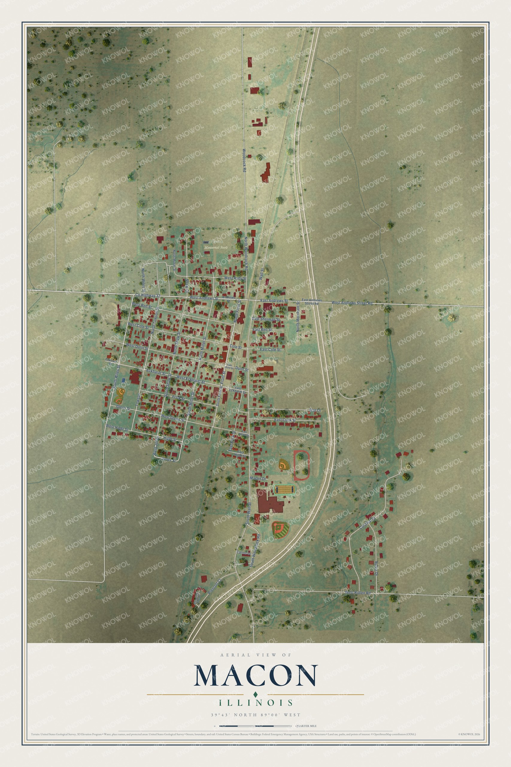 Full map of Macon, Illinois, with red buildings, printed street names and the land around them