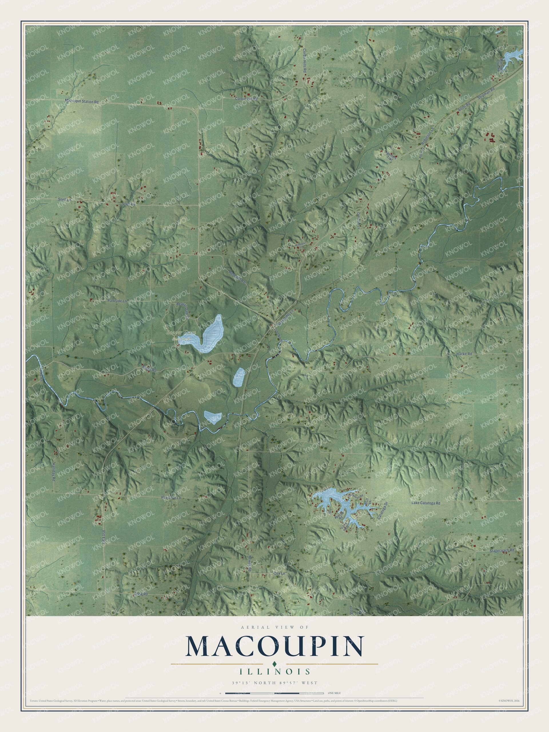 Full map of Macoupin, Illinois, with red buildings, printed street names and the land around them
