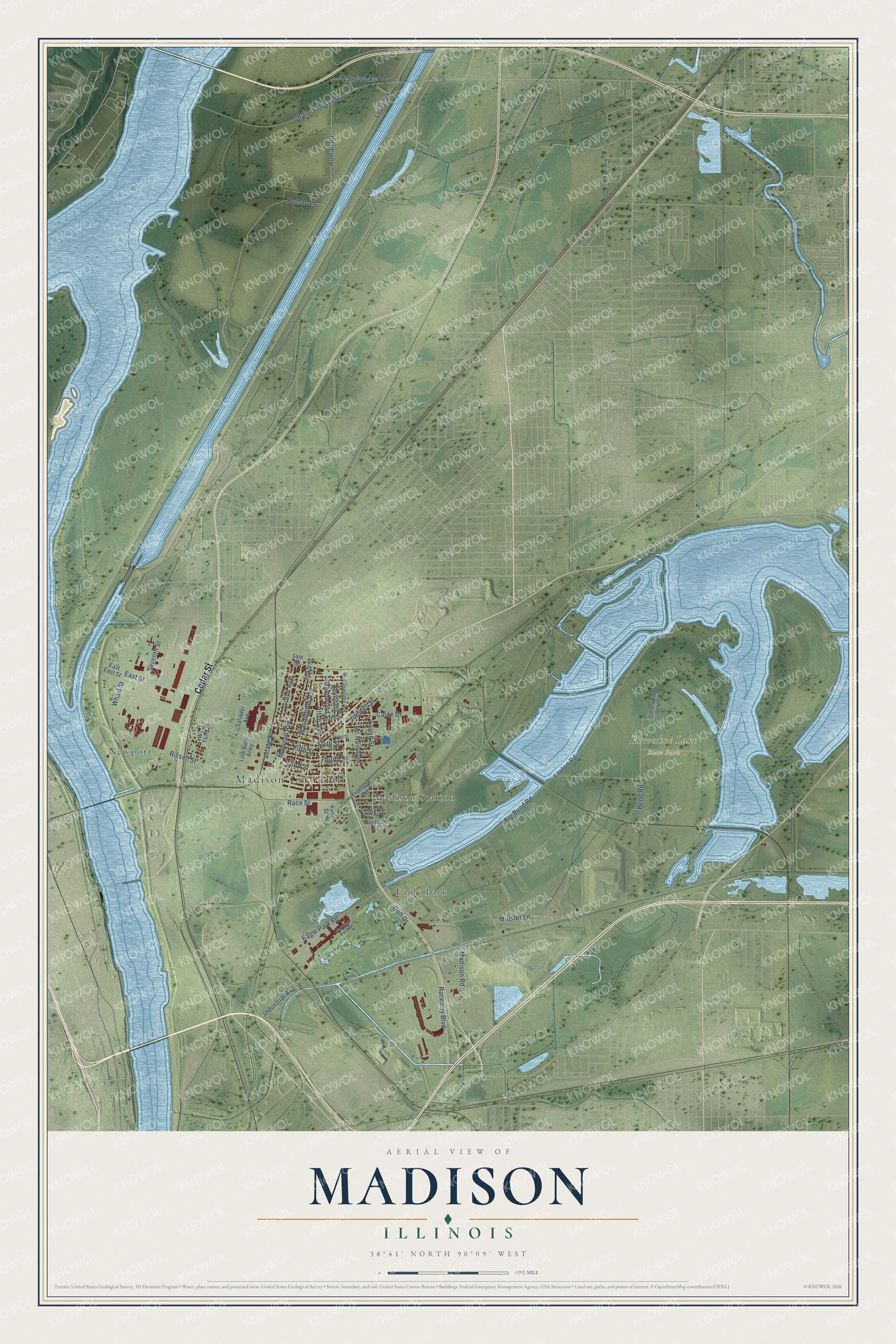 Full map of Madison, Illinois, with red buildings, printed street names and the land around them