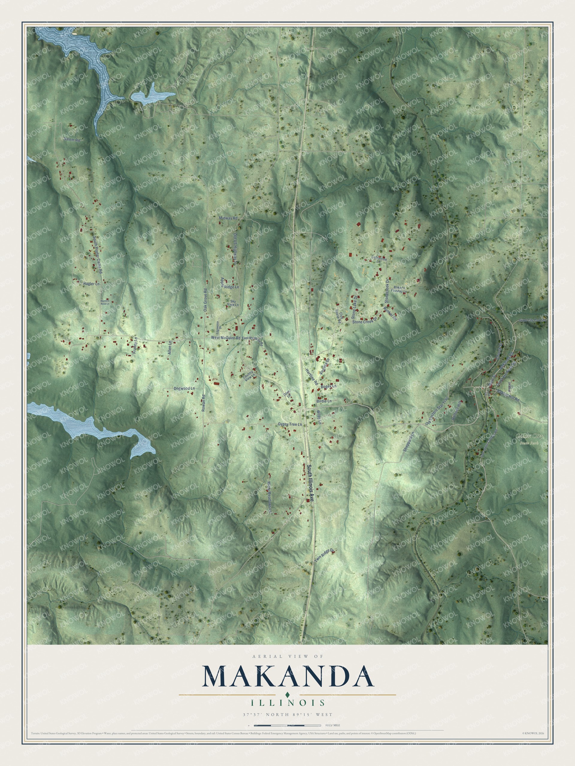 Full map of Makanda, Illinois, with red buildings, printed street names and the land around them