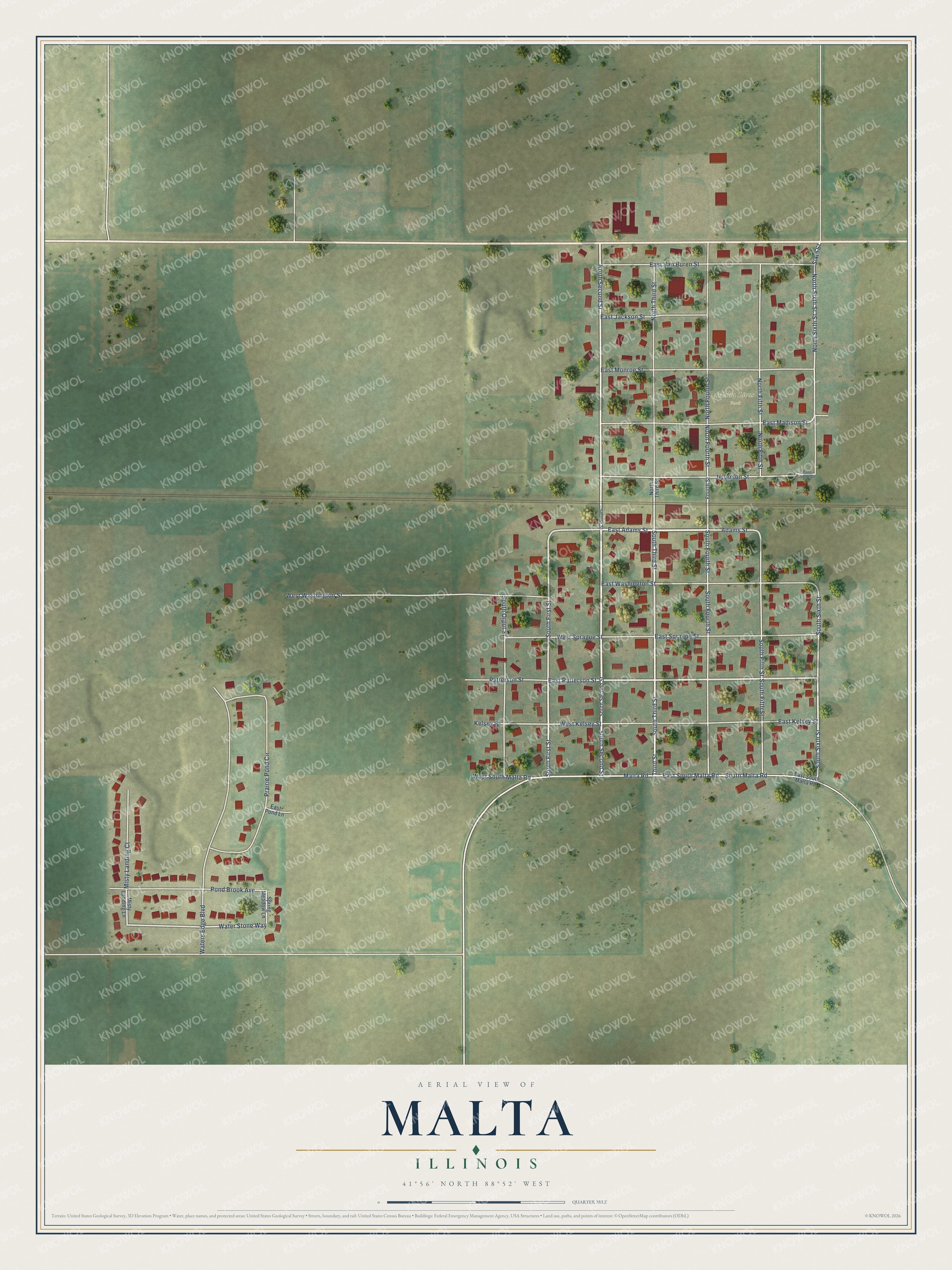Full map of Malta, Illinois, with red buildings, printed street names and the land around them
