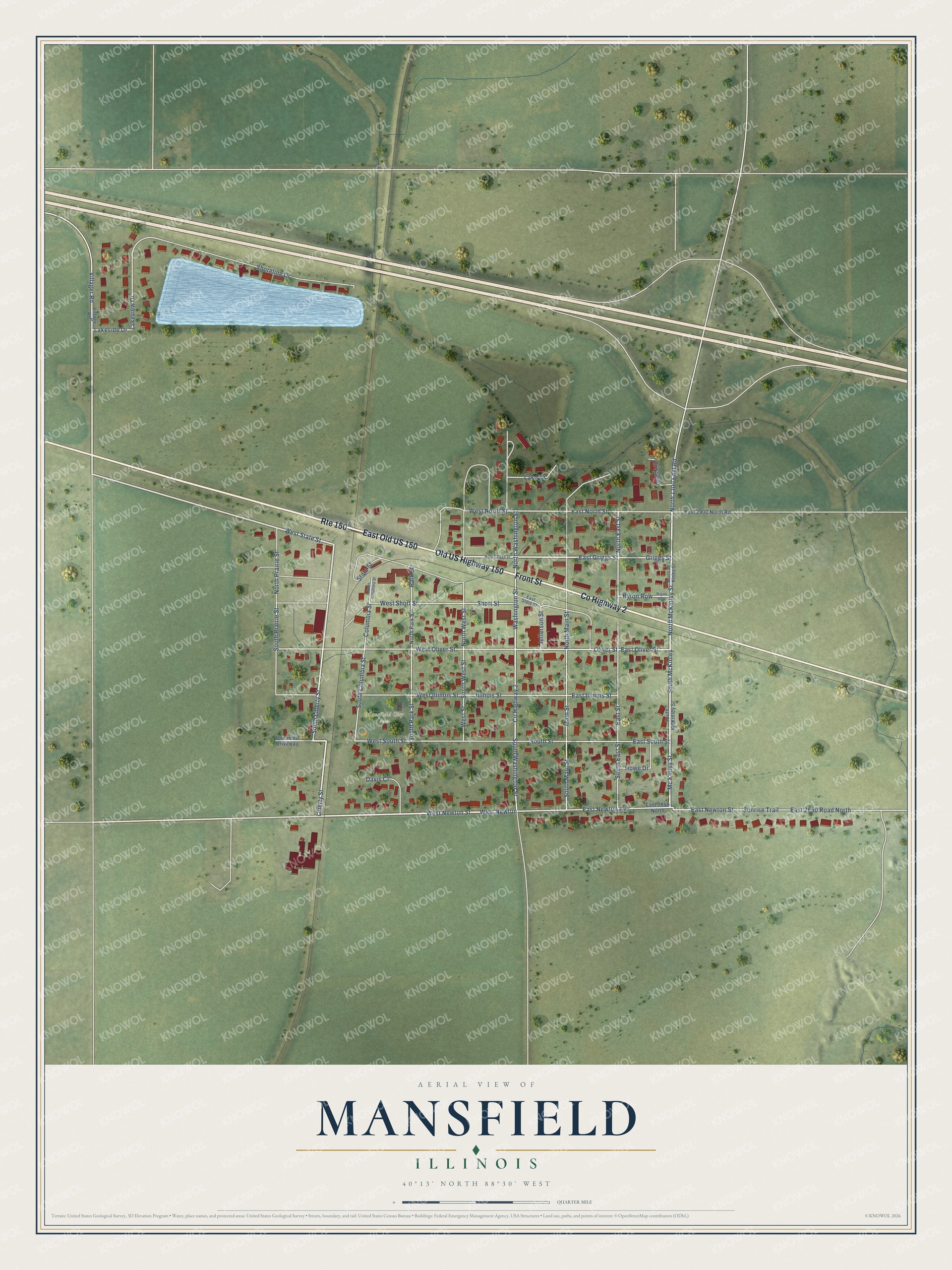 Full map of Mansfield, Illinois, with red buildings, printed street names and the land around them