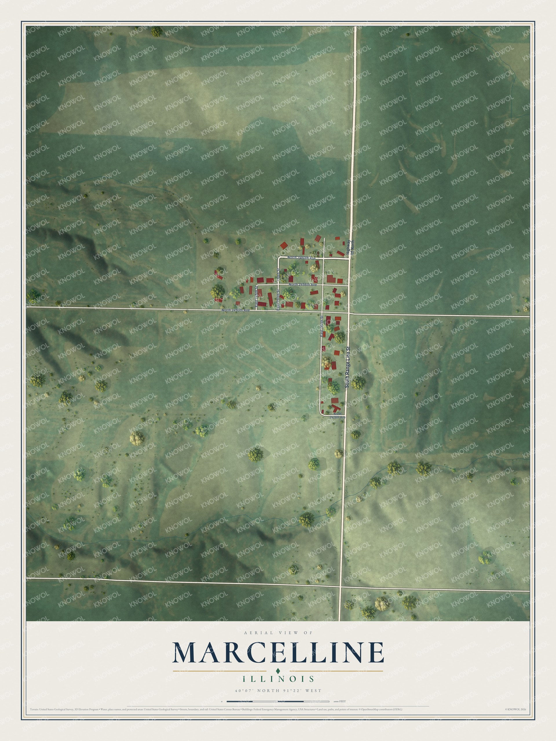 Full map of Marcelline, Illinois, with red buildings, printed street names and the land around them