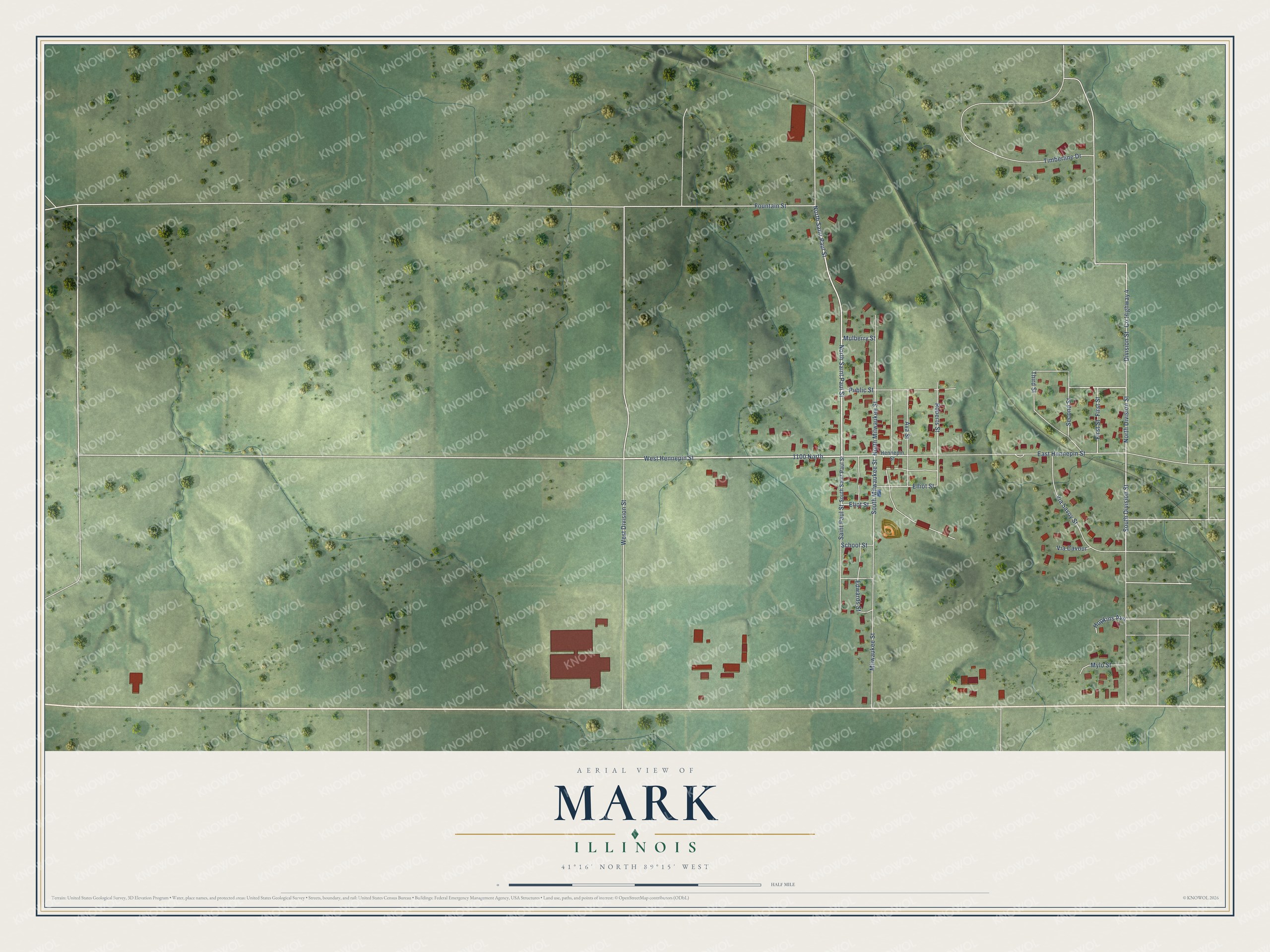 Full map of Mark, Illinois, with red buildings, printed street names and the land around them