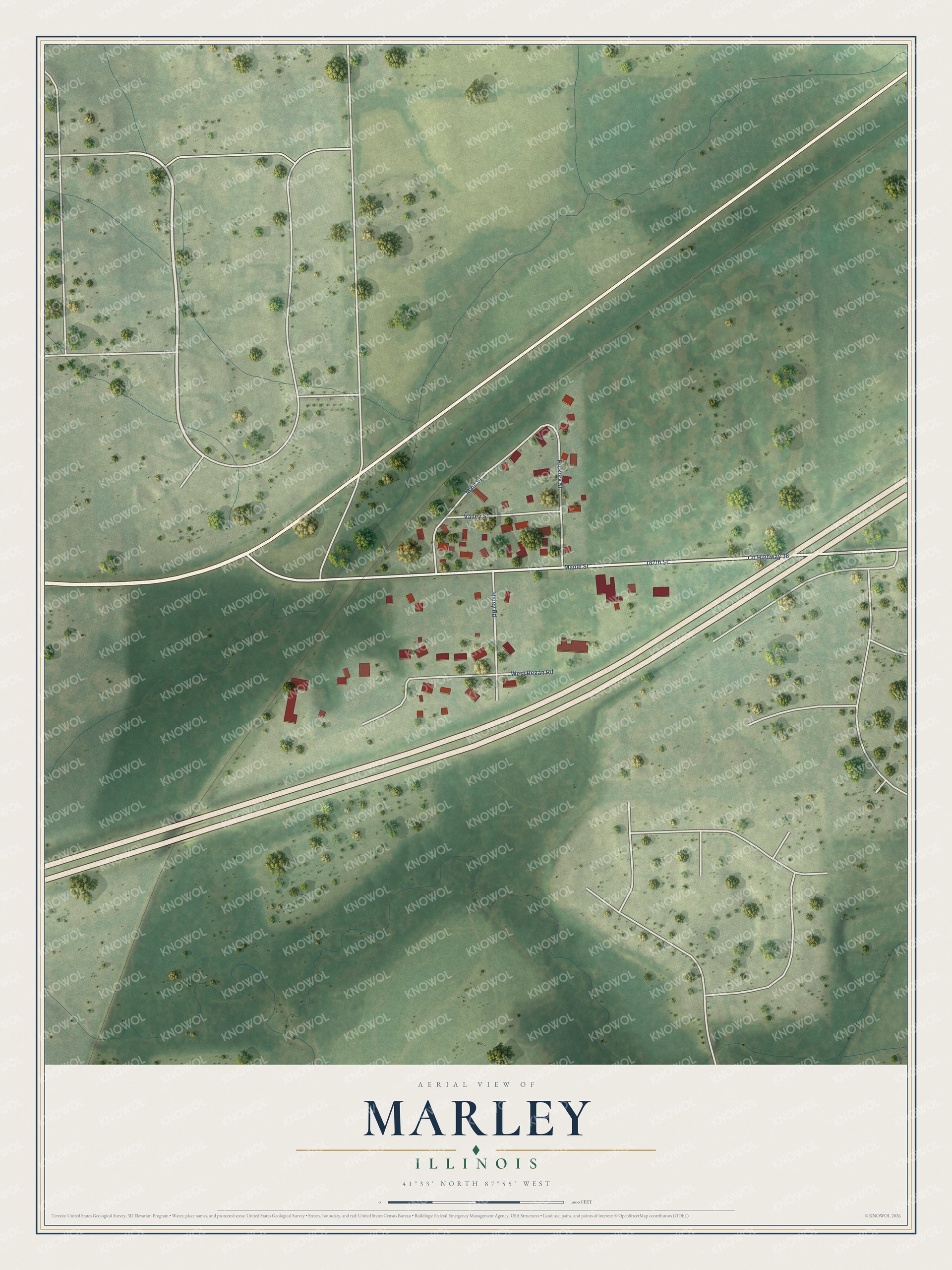 Full map of Marley, Illinois, with red buildings, printed street names and the land around them