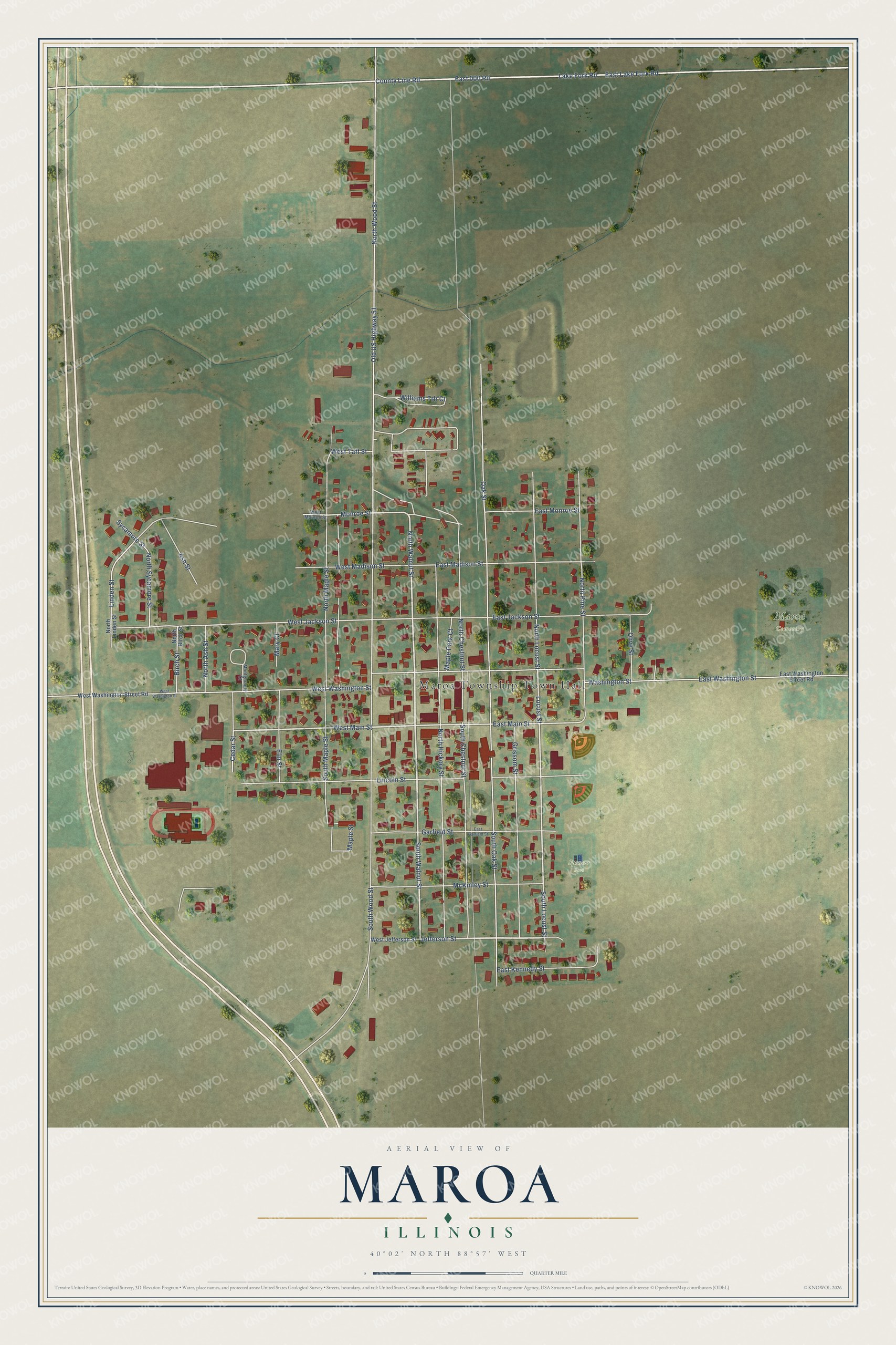 Full map of Maroa, Illinois, with red buildings, printed street names and the land around them