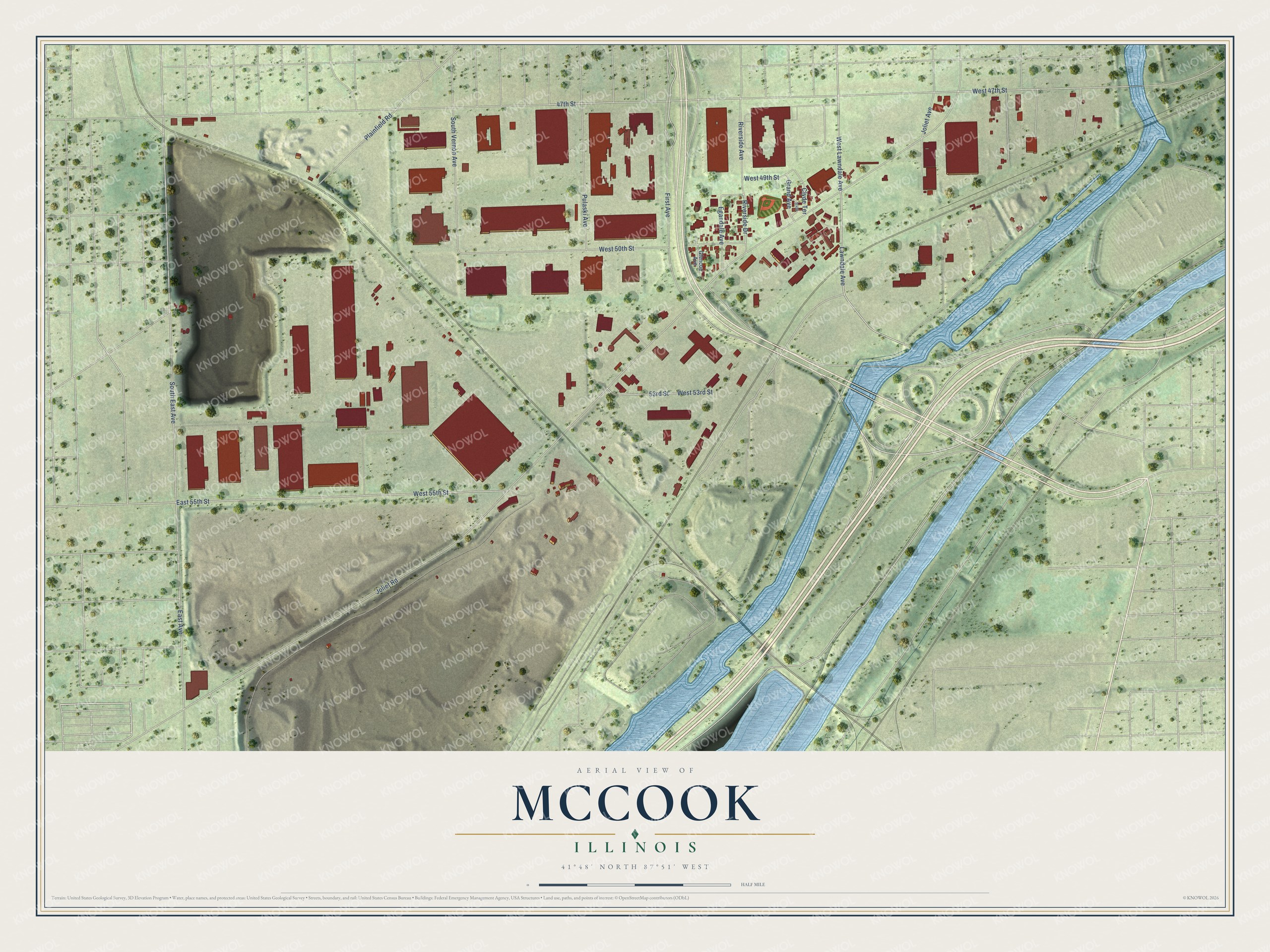 Full map of McCook, Illinois, with red buildings, printed street names and the land around them