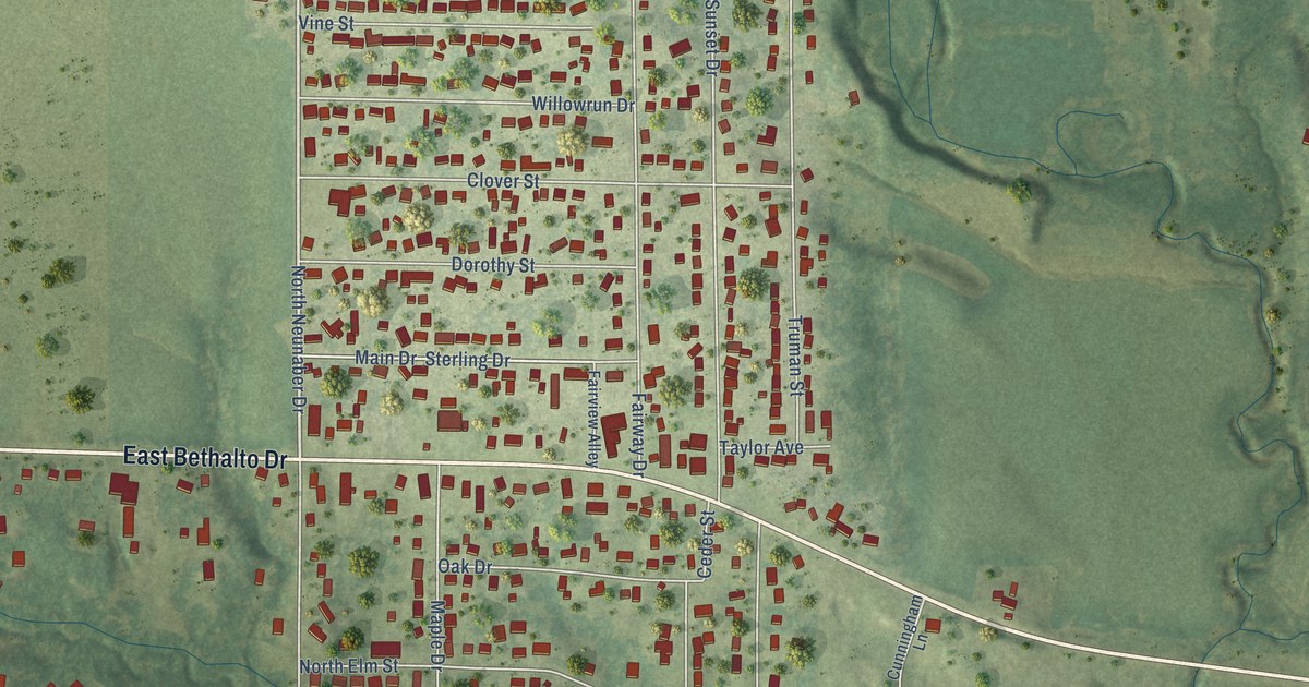 Close-up of streets and buildings in Meadowbrook, Illinois