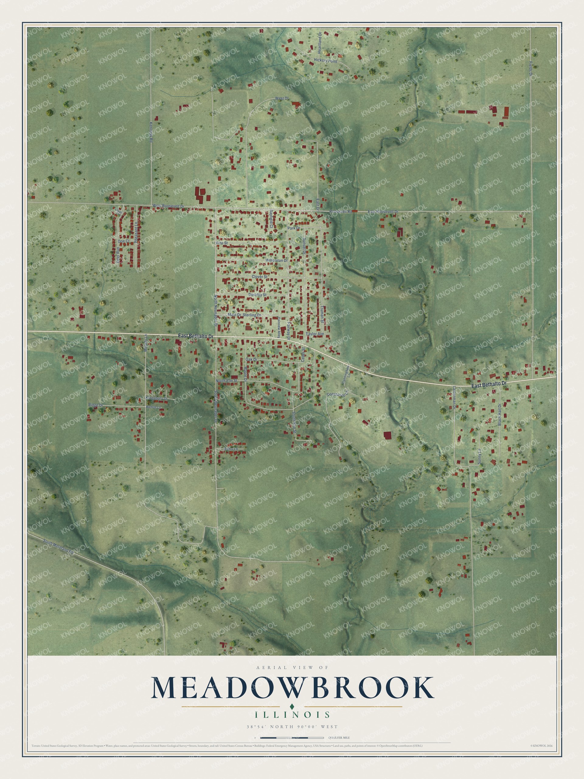 Full map of Meadowbrook, Illinois, with red buildings, printed street names and the land around them