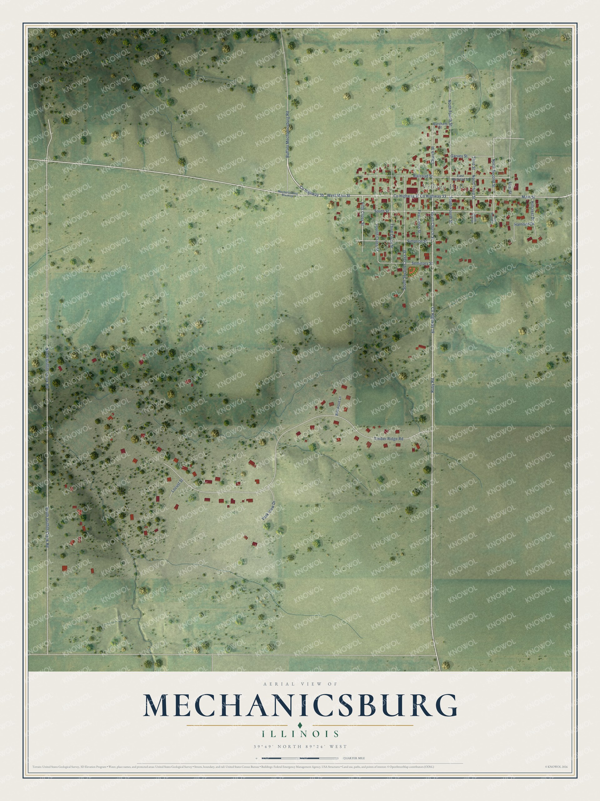 Full map of Mechanicsburg, Illinois, with red buildings, printed street names and the land around them