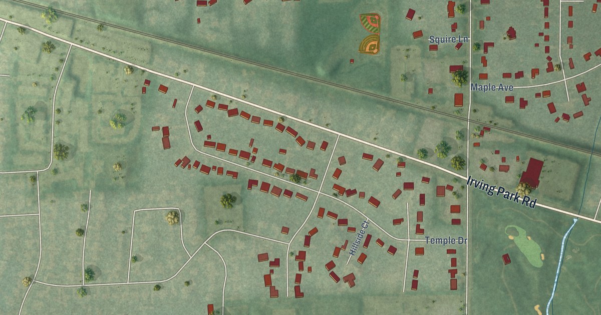 Close-up of streets and buildings in Medinah, Illinois