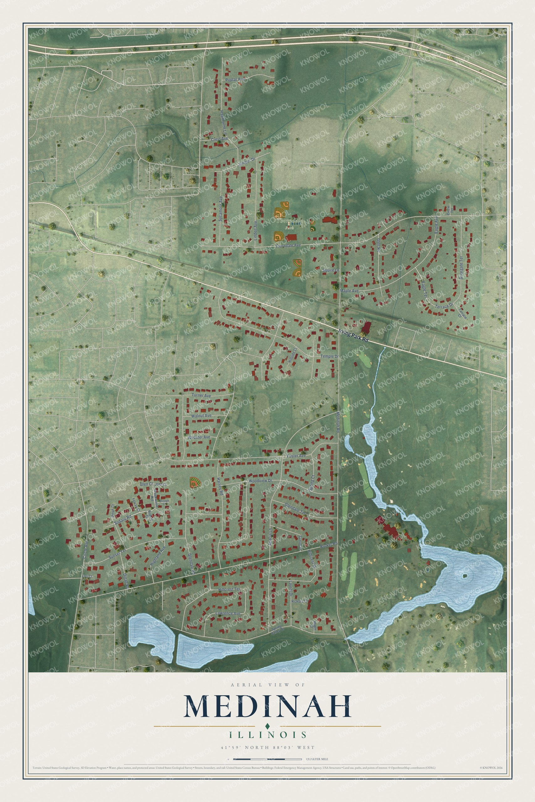 Full map of Medinah, Illinois, with red buildings, printed street names and the land around them
