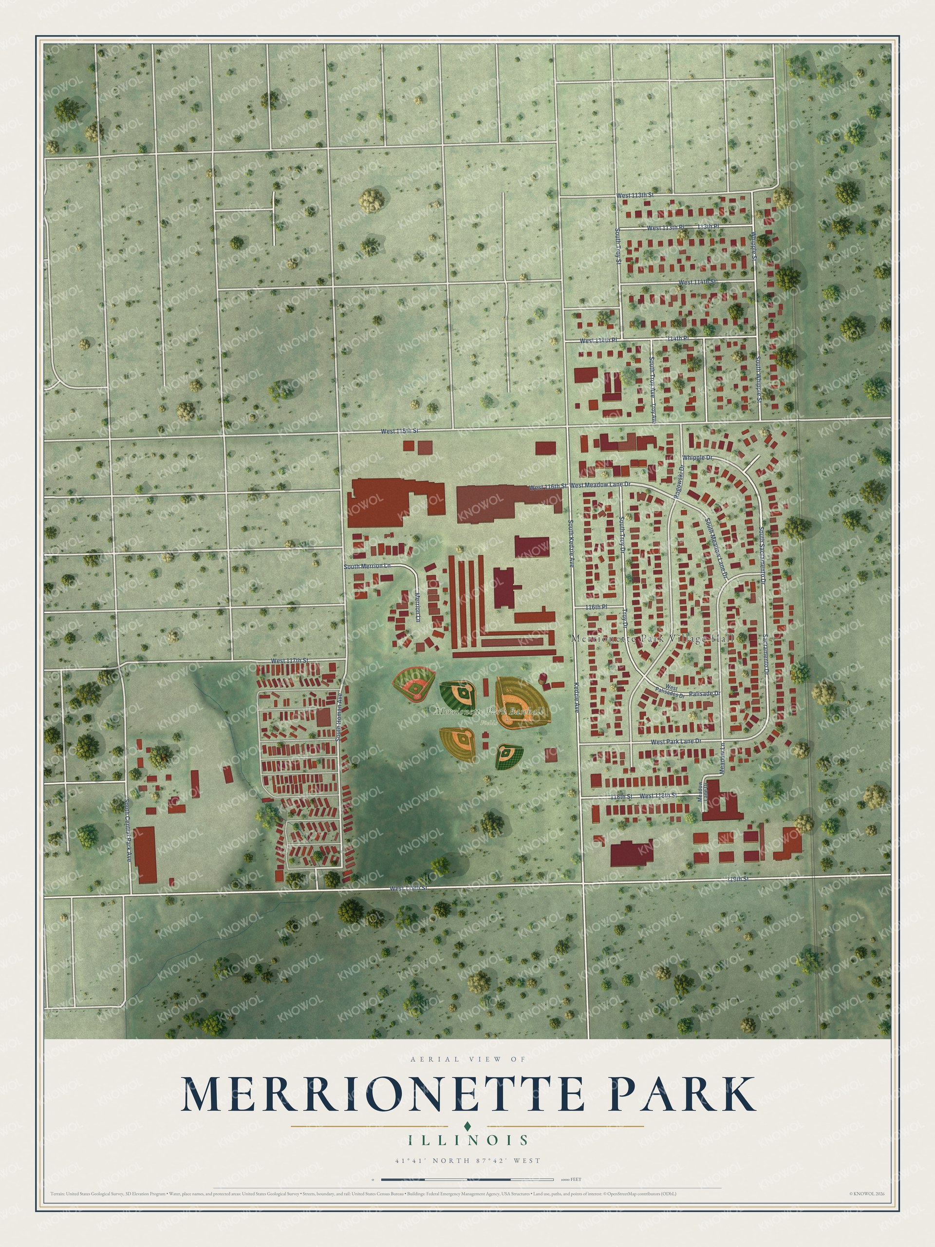 Full map of Merrionette Park, Illinois, with red buildings, printed street names and the land around them