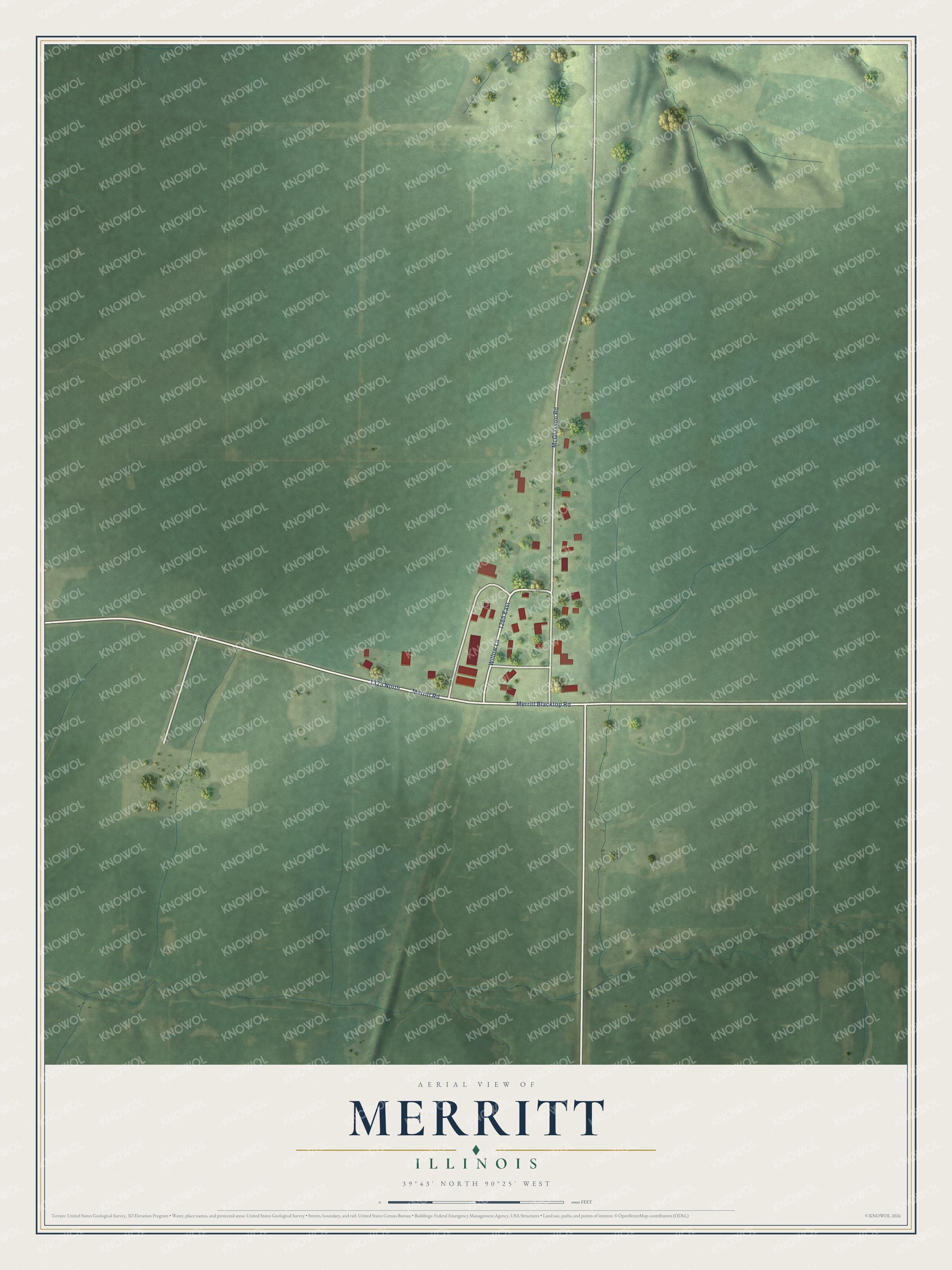 Full map of Merritt, Illinois, with red buildings, printed street names and the land around them