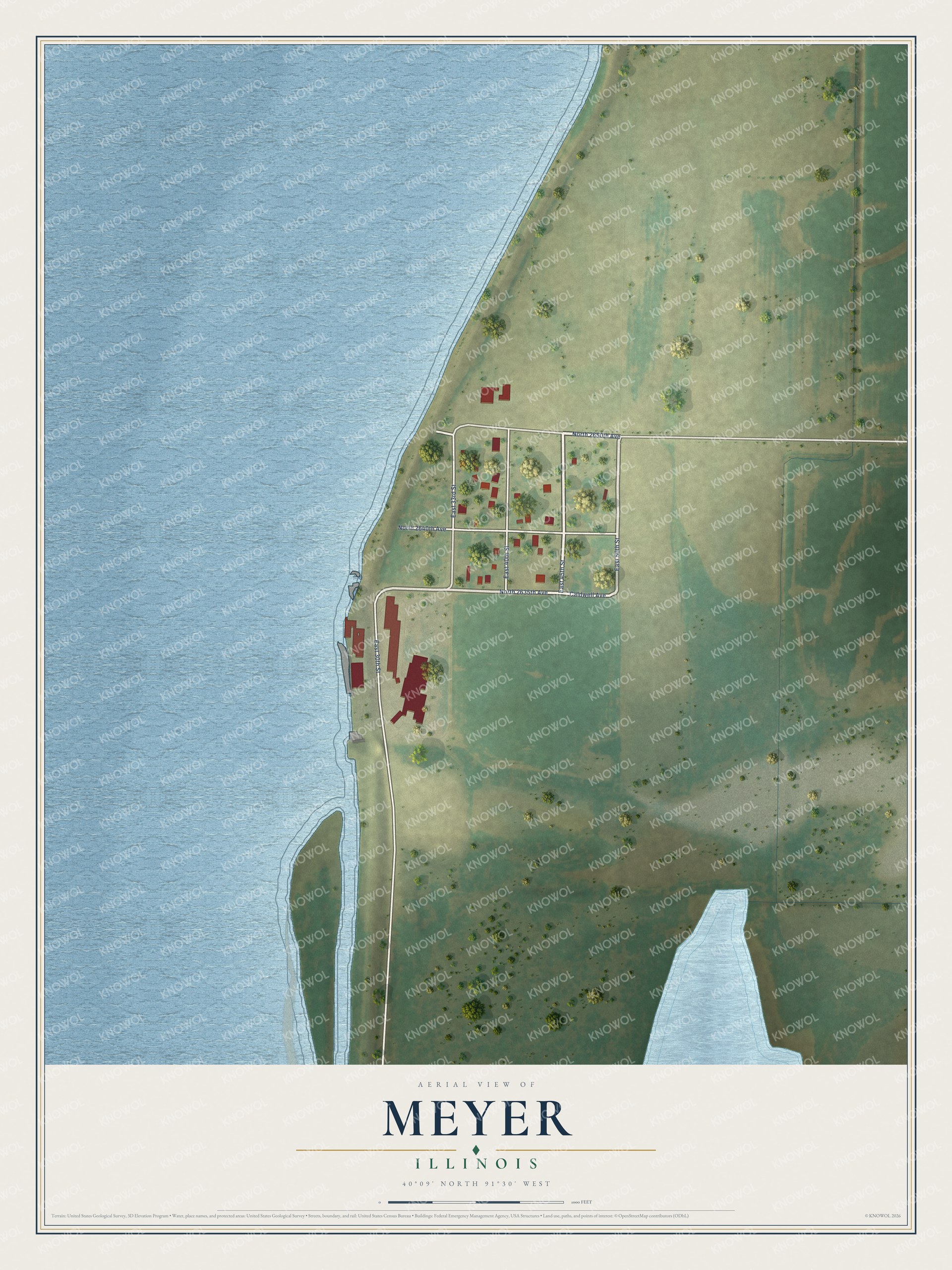 Full map of Meyer, Illinois, with red buildings, printed street names and the land around them