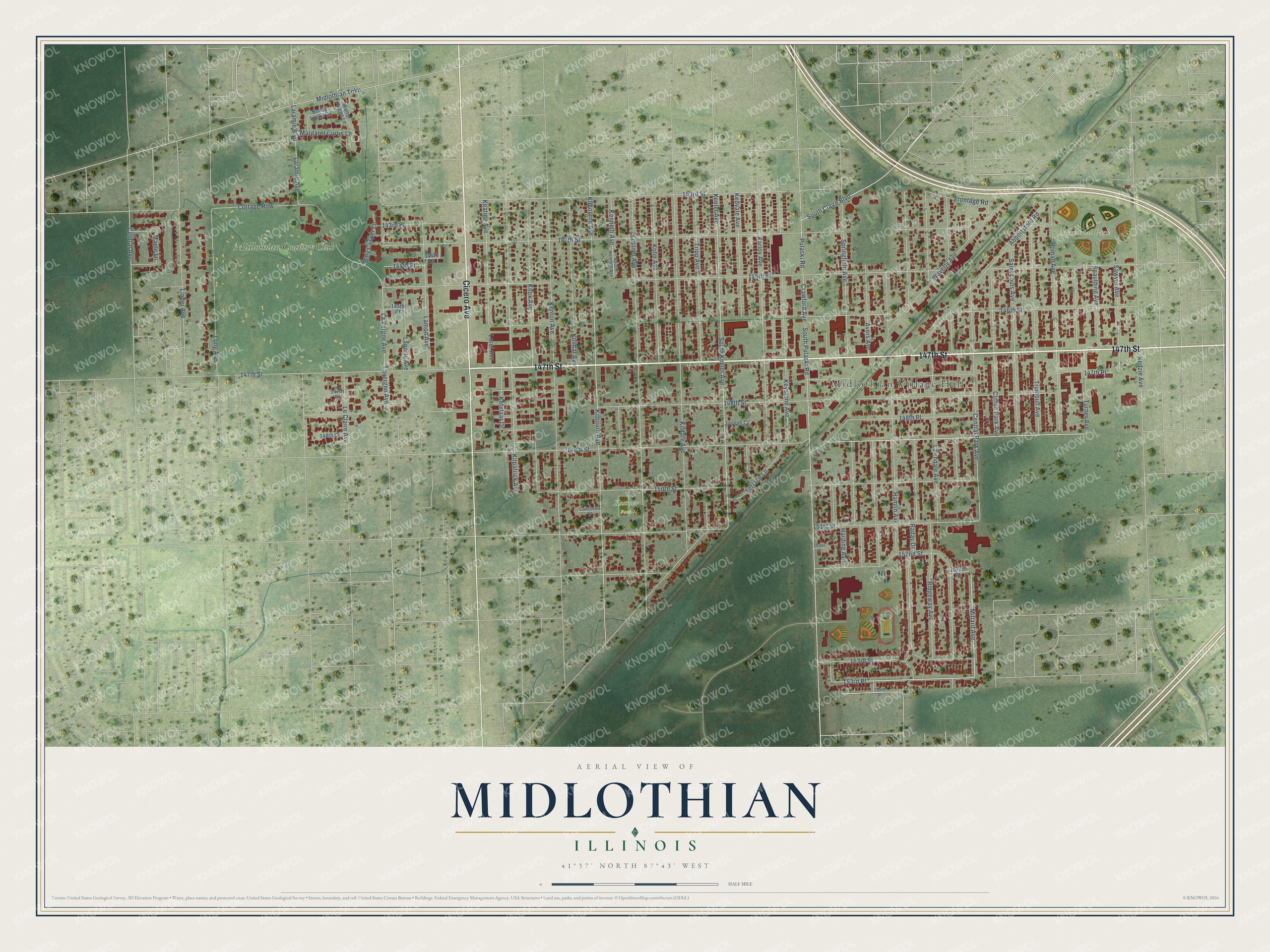 Full map of Midlothian, Illinois, with red buildings, printed street names and the land around them