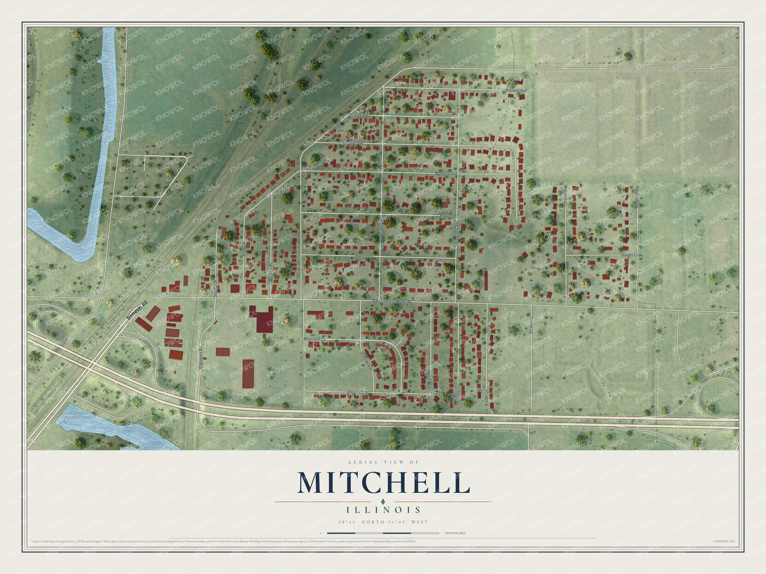 Full map of Mitchell, Illinois, with red buildings, printed street names and the land around them