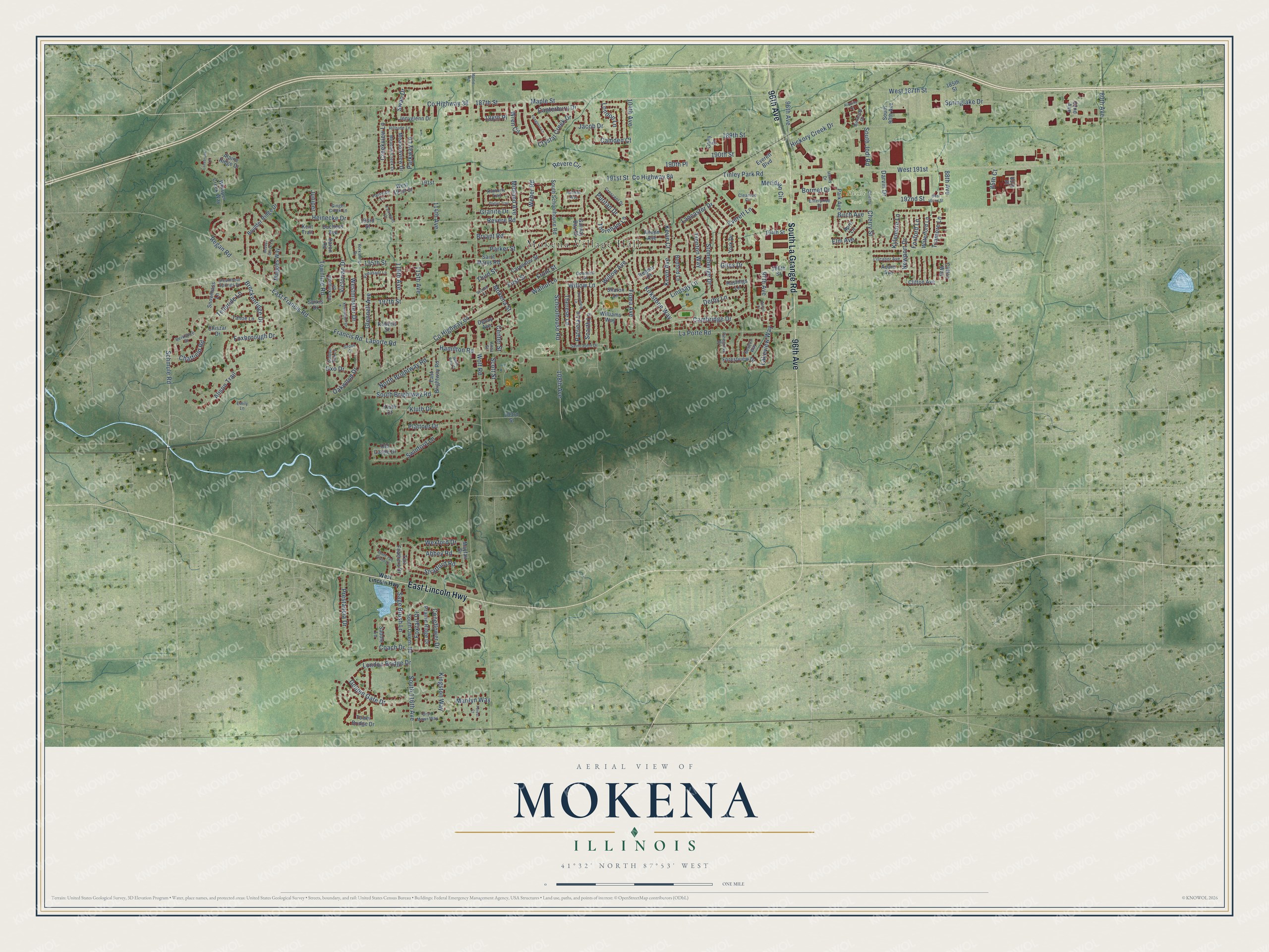 Full map of Mokena, Illinois, with red buildings, printed street names and the land around them