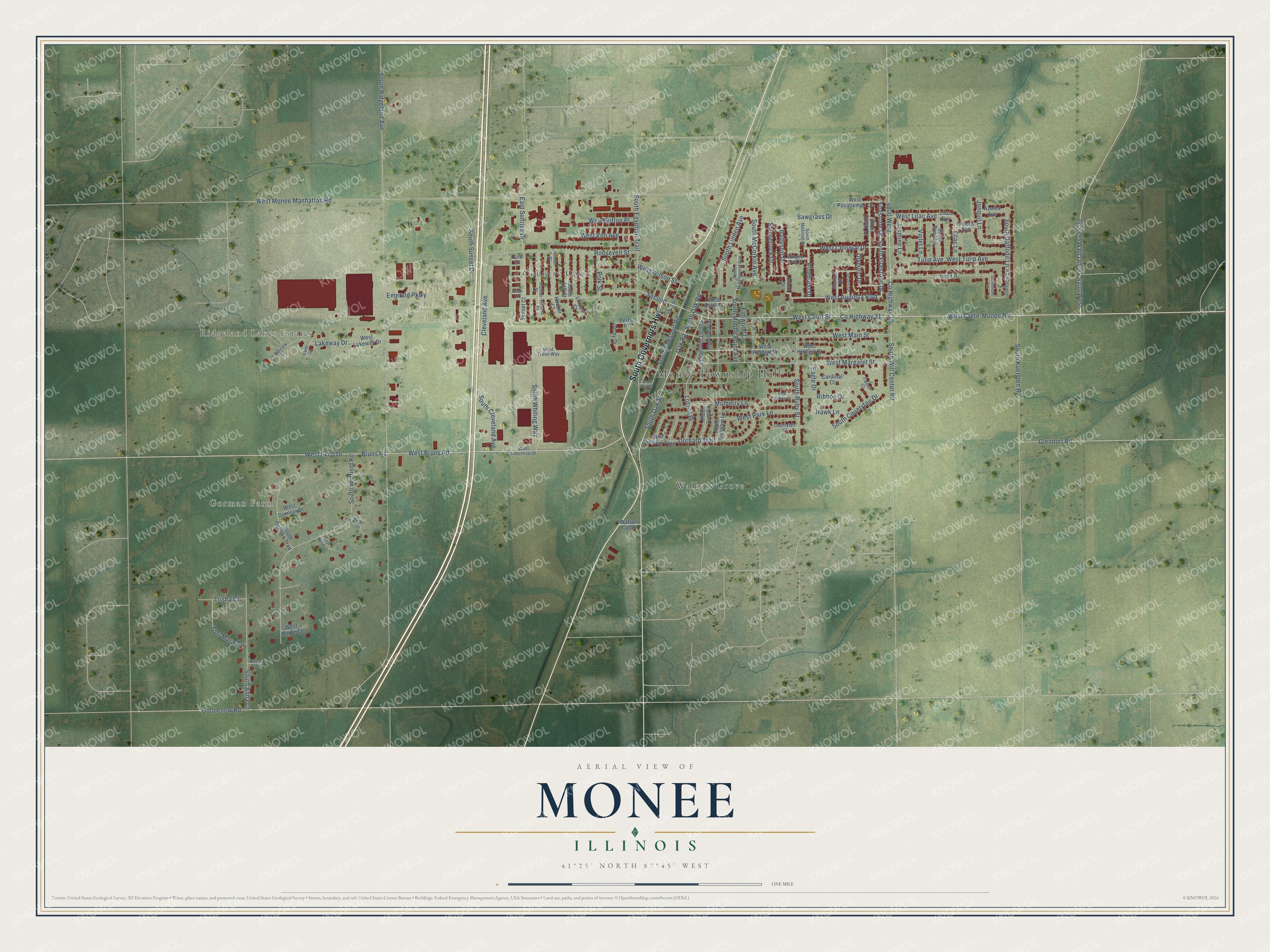 Full map of Monee, Illinois, with red buildings, printed street names and the land around them