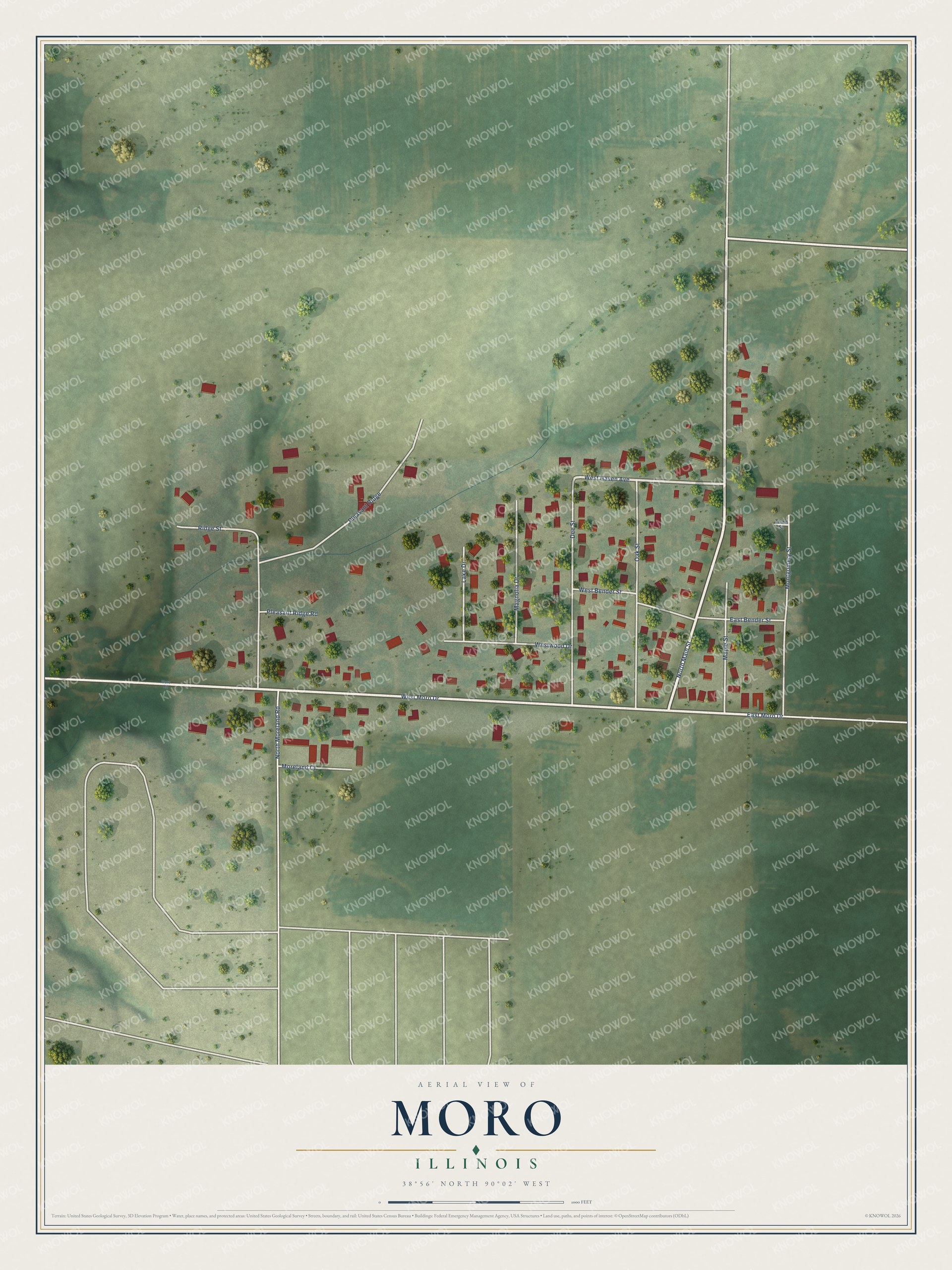 Full map of Moro, Illinois, with red buildings, printed street names and the land around them