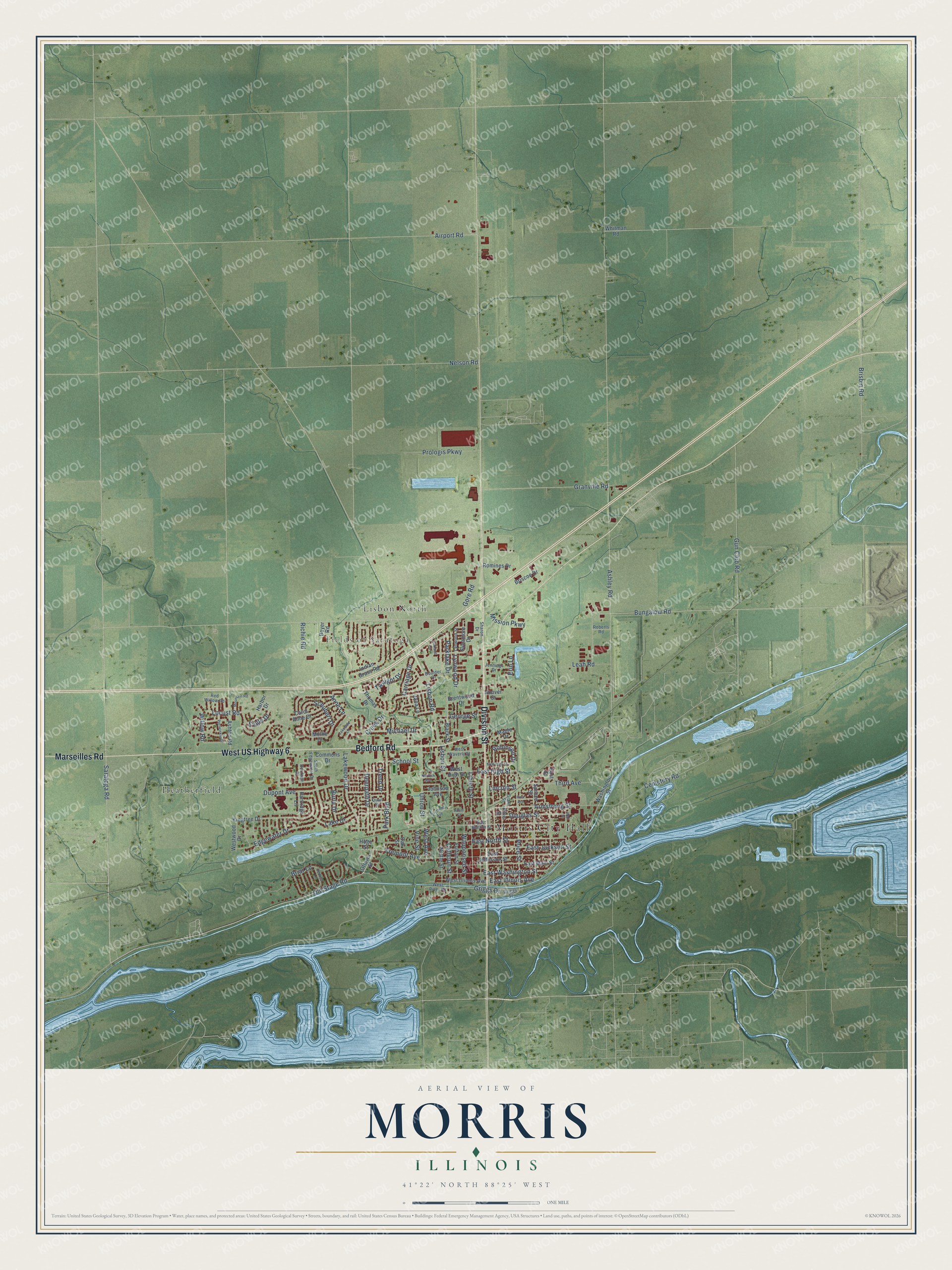 Full map of Morris, Illinois, with red buildings, printed street names and the land around them