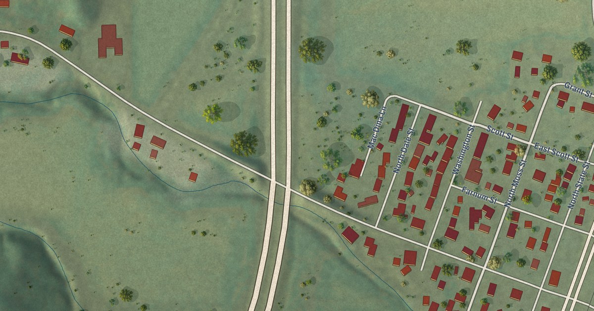Close-up of streets and buildings in Mossville, Illinois