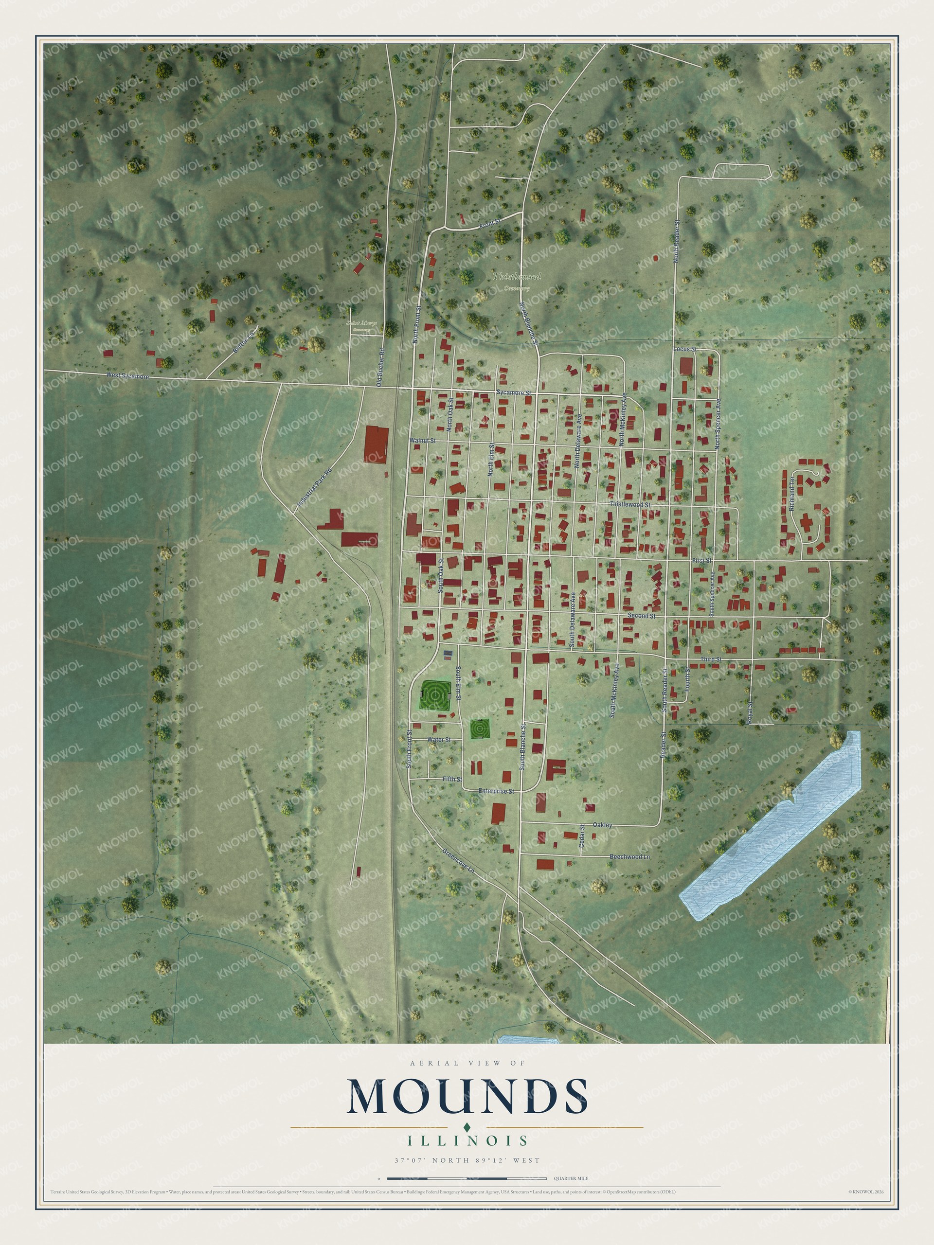 Full map of Mounds, Illinois, with red buildings, printed street names and the land around them