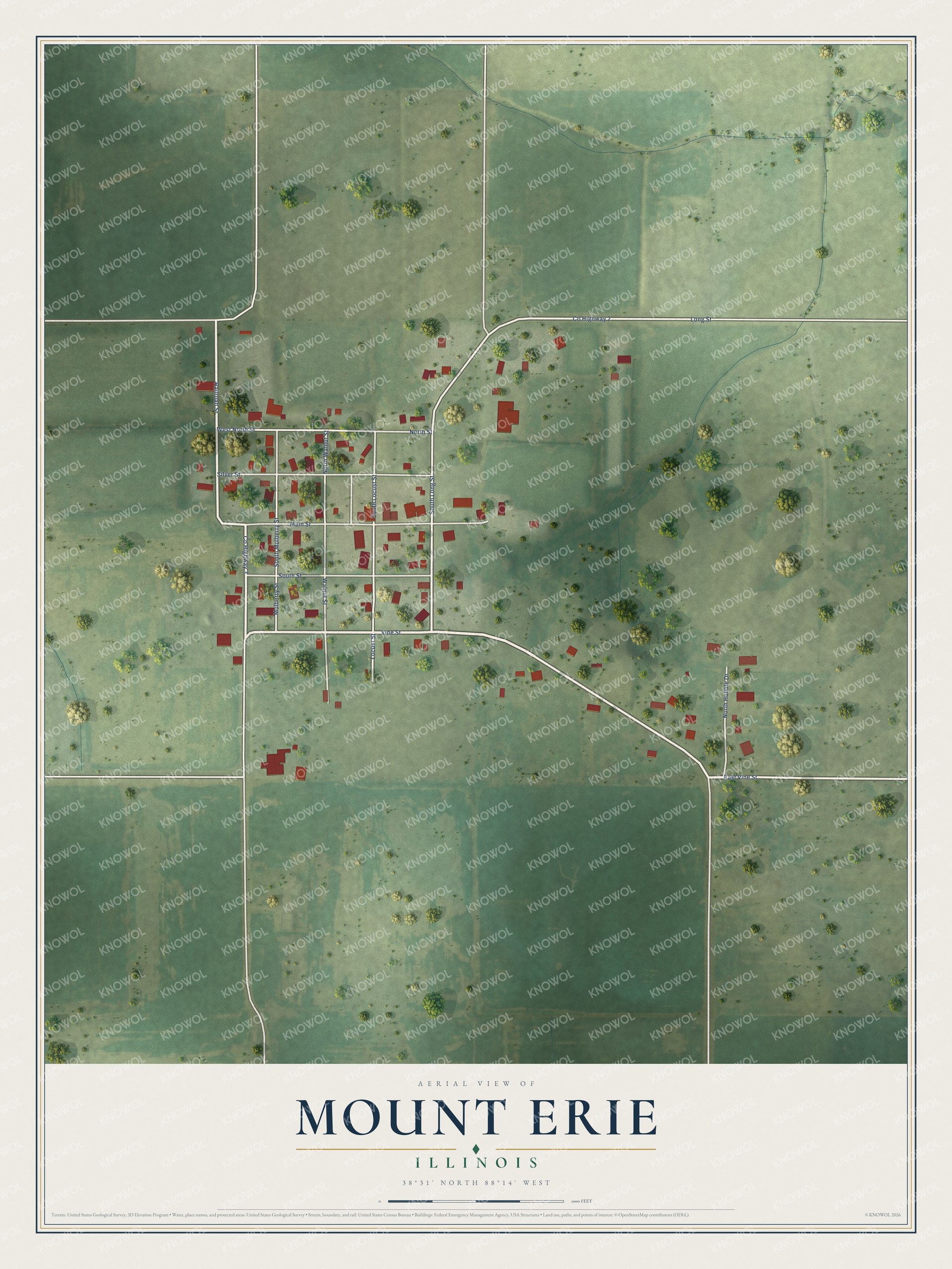 Full map of Mount Erie, Illinois, with red buildings, printed street names and the land around them