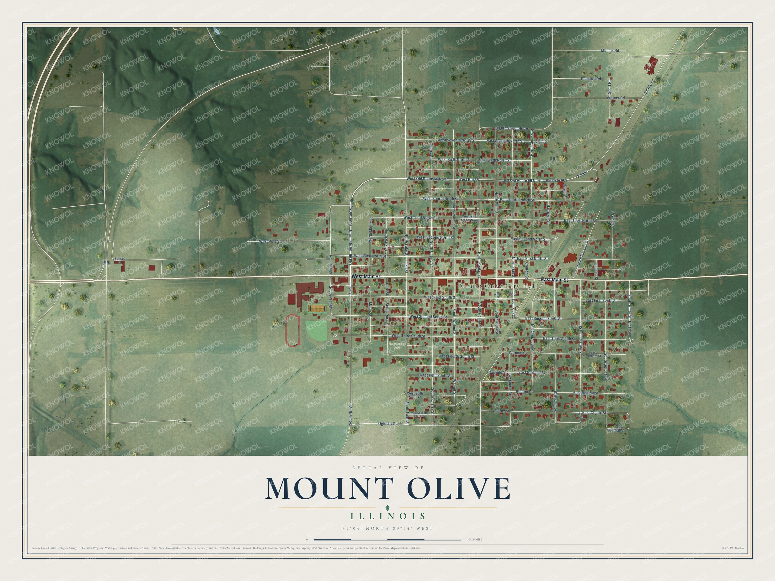 Full map of Mount Olive, Illinois, with red buildings, printed street names and the land around them