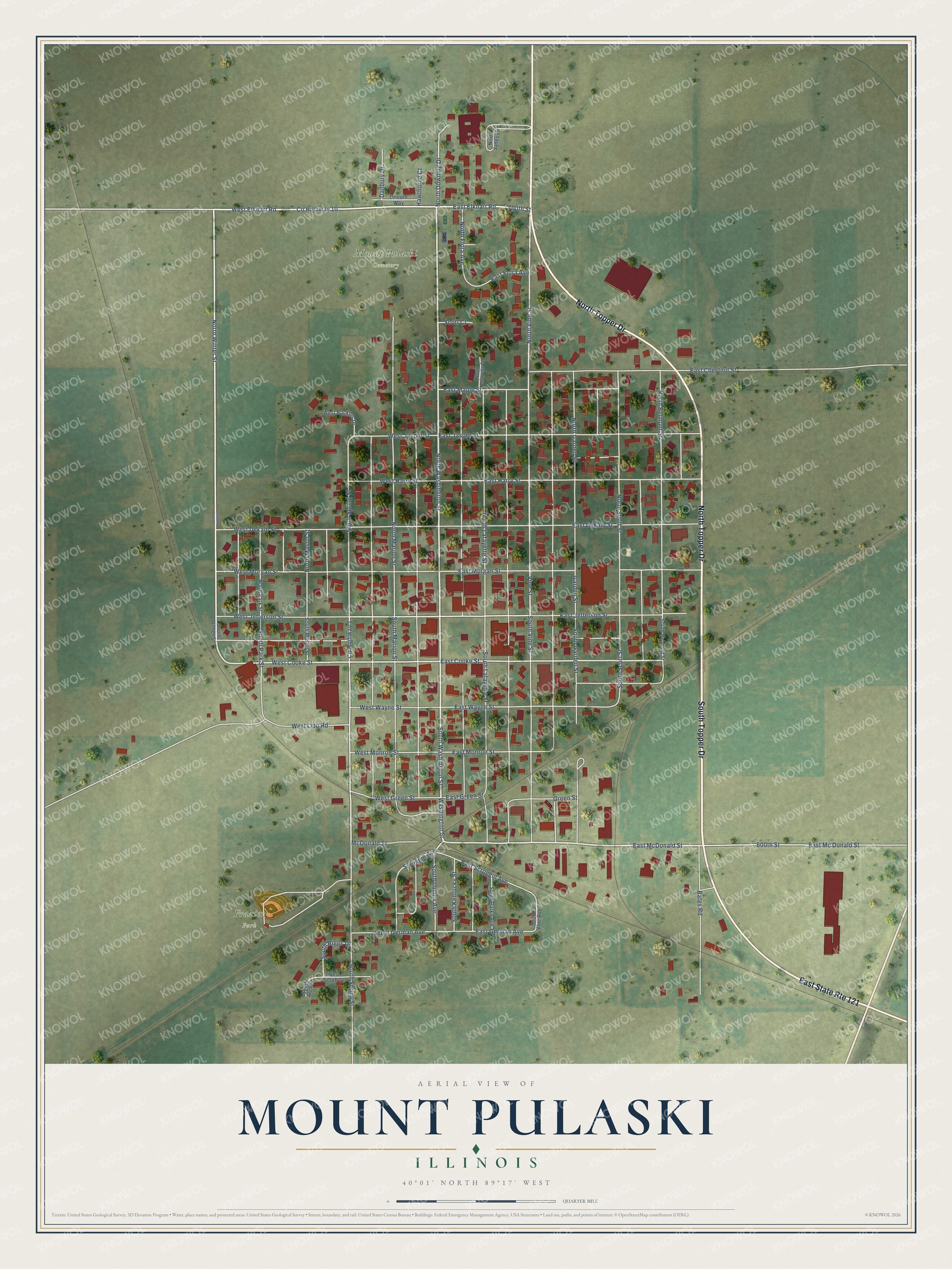 Full map of Mount Pulaski, Illinois, with red buildings, printed street names and the land around them