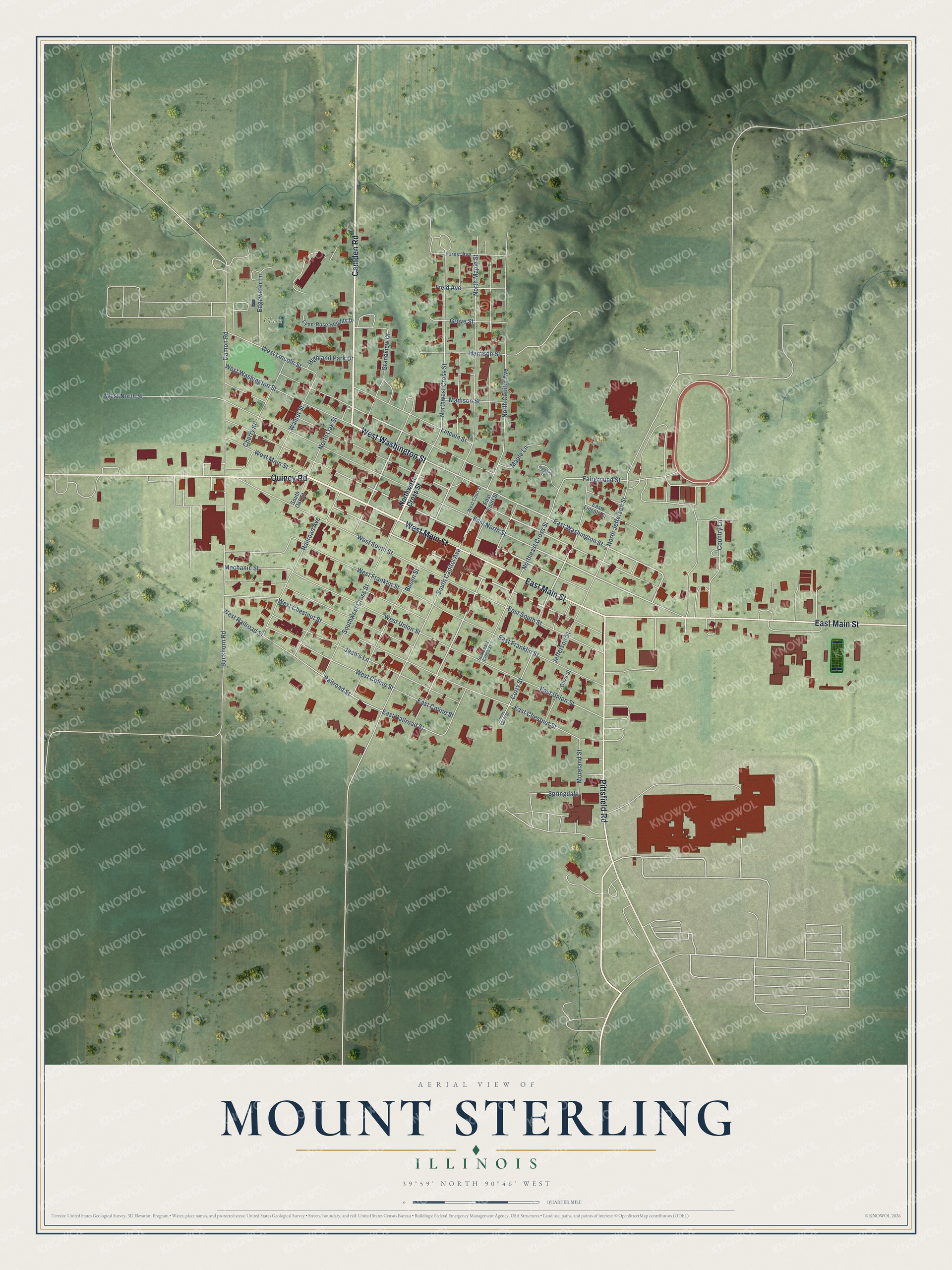 Full map of Mount Sterling, Illinois, with red buildings, printed street names and the land around them