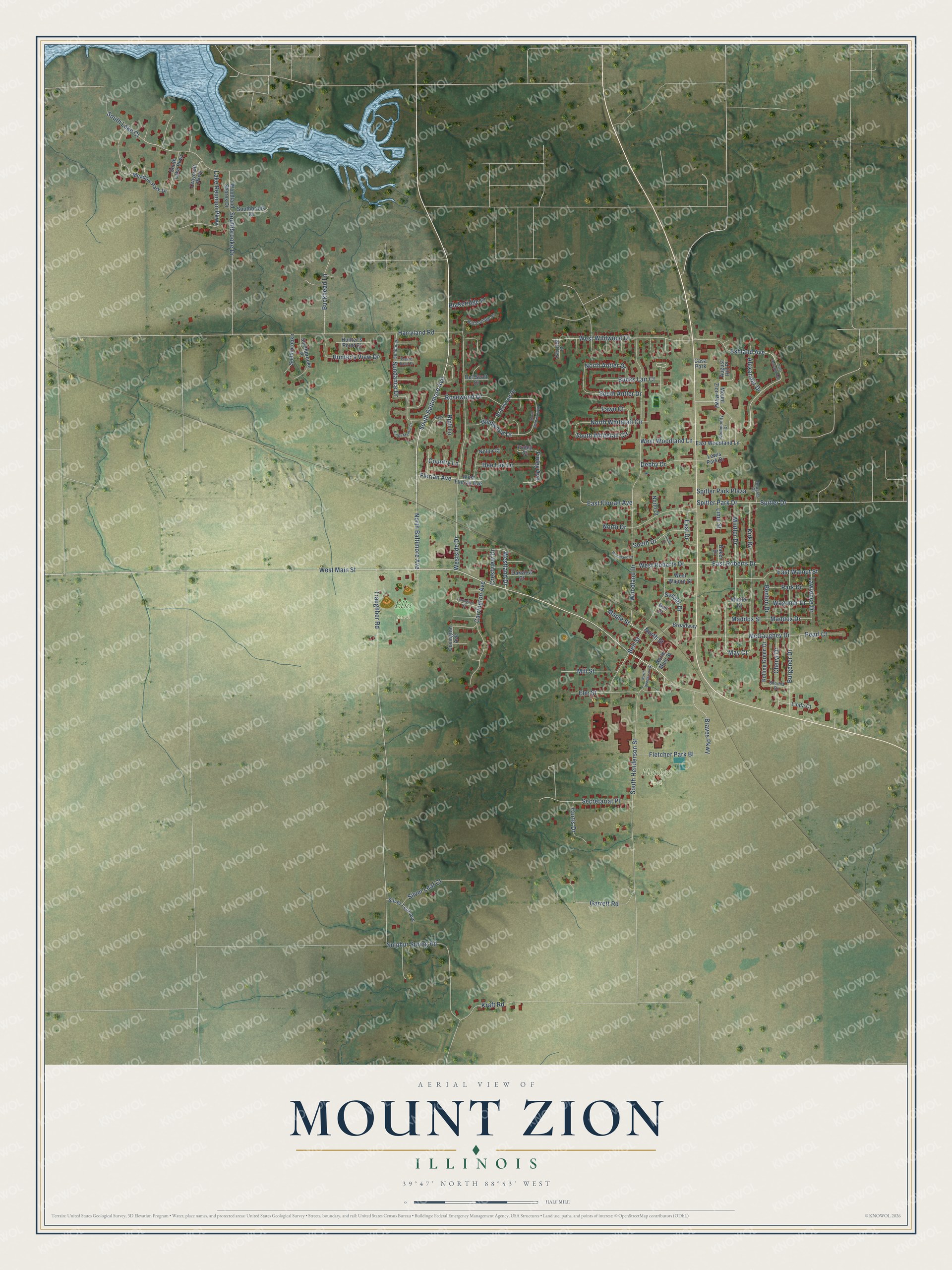 Watermarked full-map preview of Mount Zion, Illinois