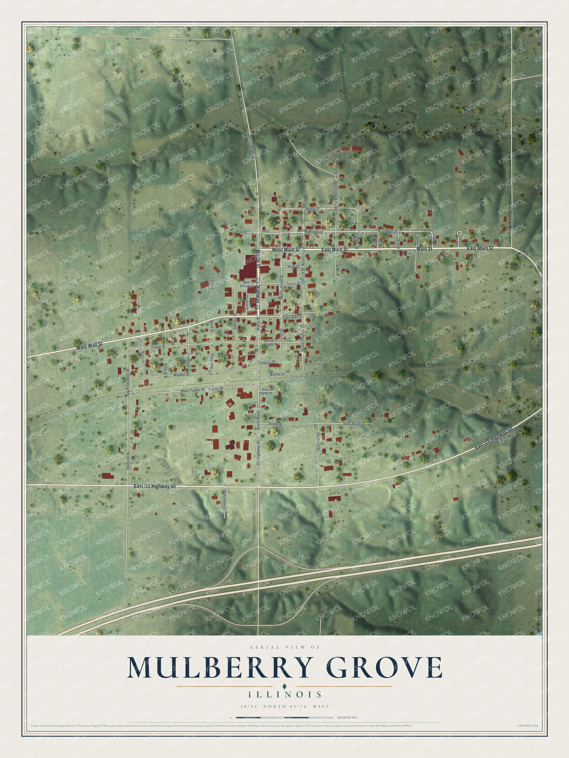 Full map of Mulberry Grove, Illinois, with red buildings, printed street names and the land around them
