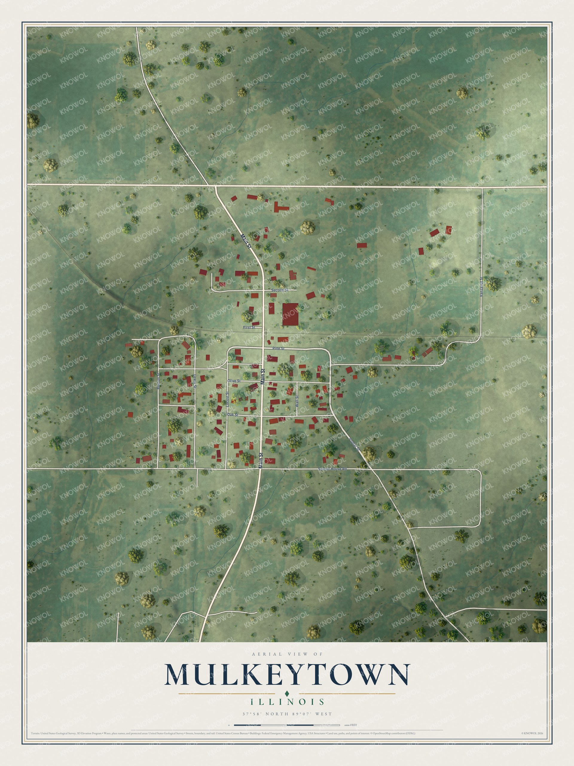 Full map of Mulkeytown, Illinois, with red buildings, printed street names and the land around them