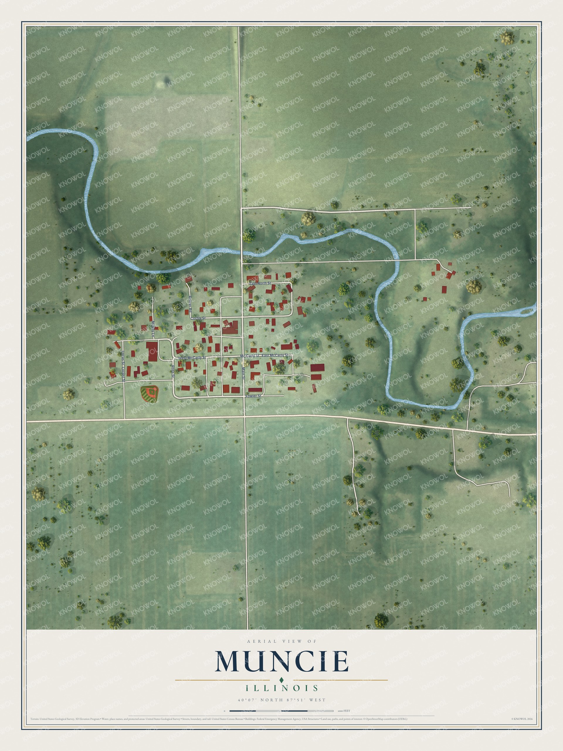 Full map of Muncie, Illinois, with red buildings, printed street names and the land around them