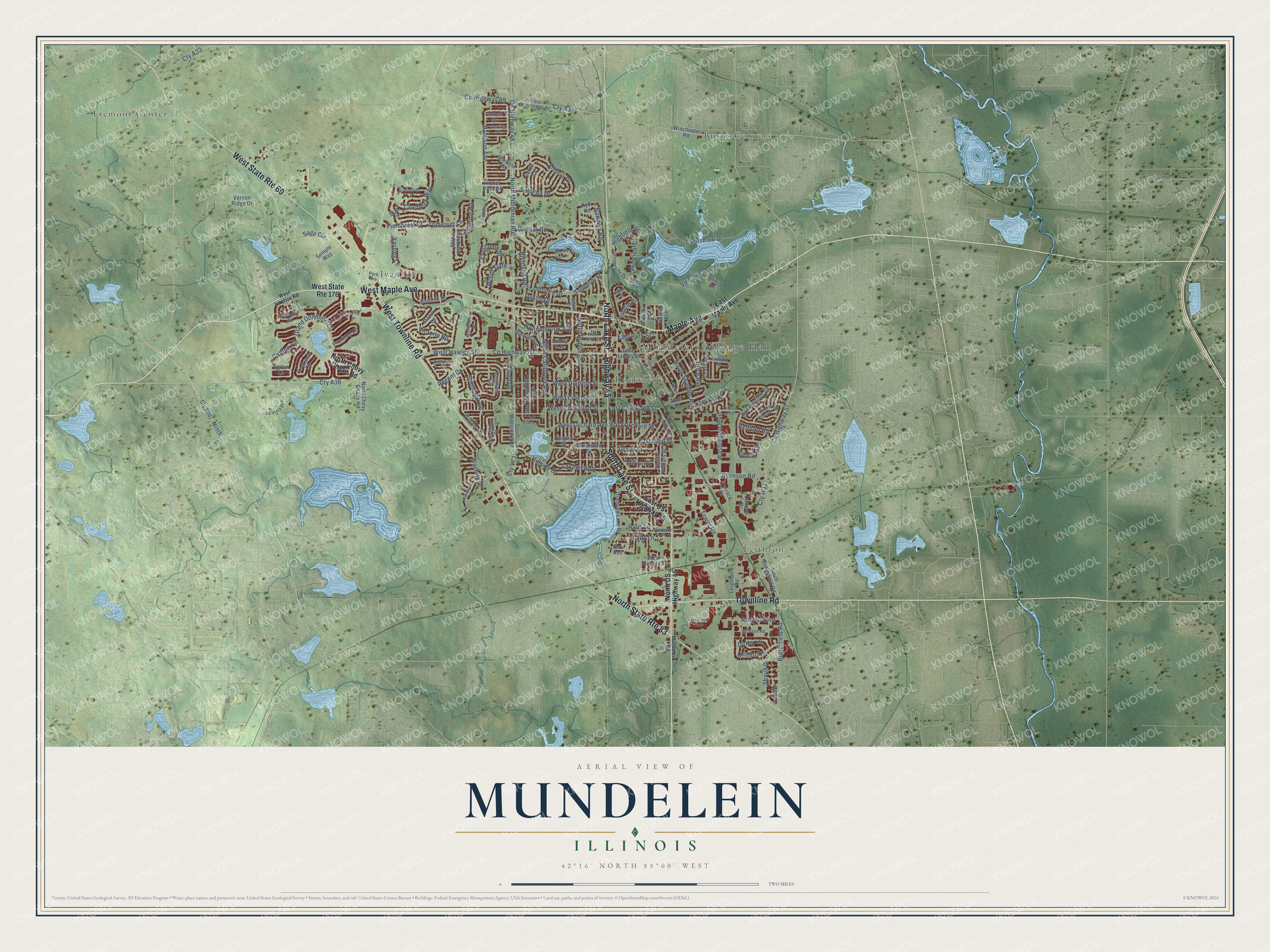 Full map of Mundelein, Illinois, with red buildings, printed street names and the land around them