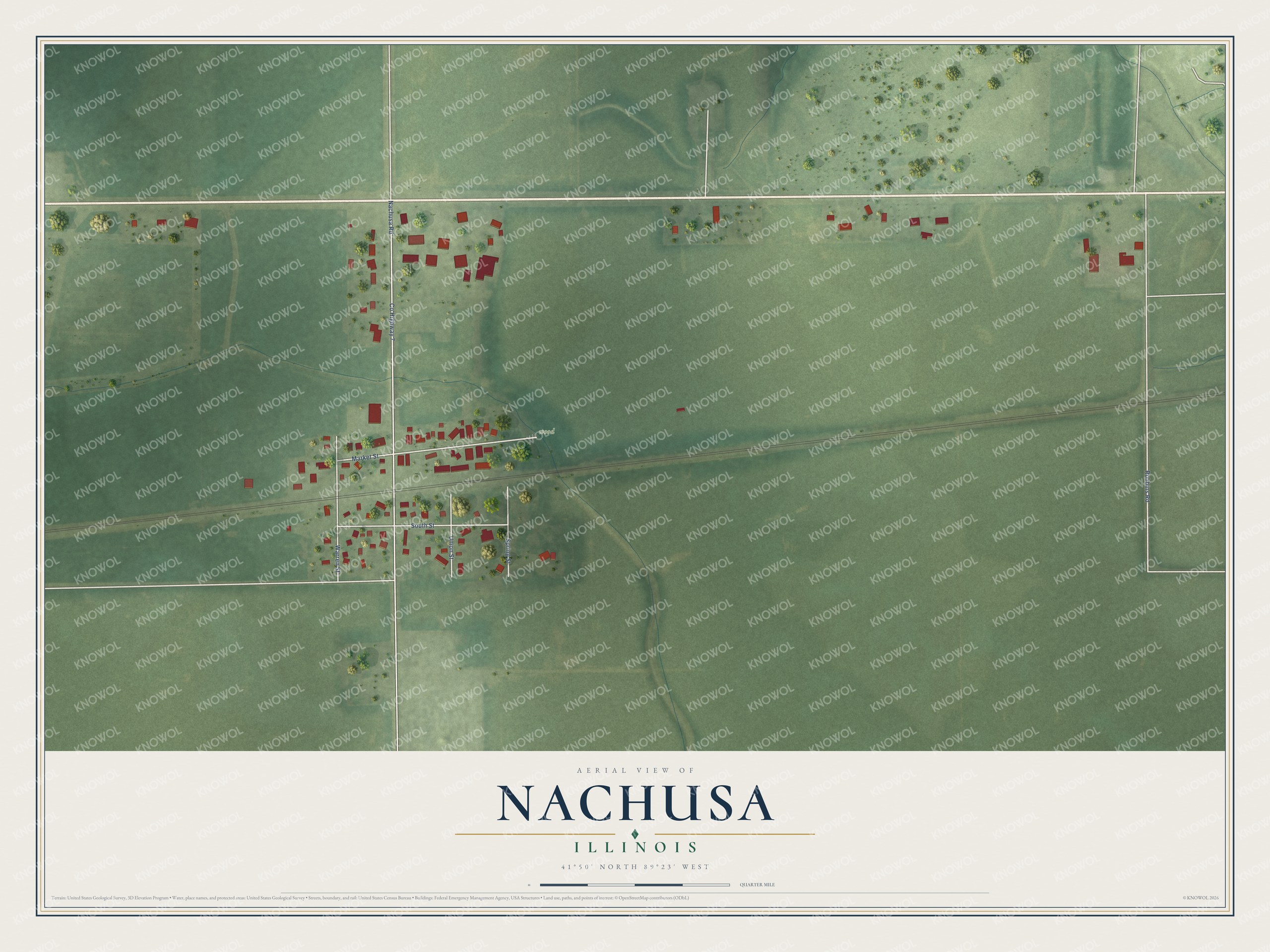 Full map of Nachusa, Illinois, with red buildings, printed street names and the land around them