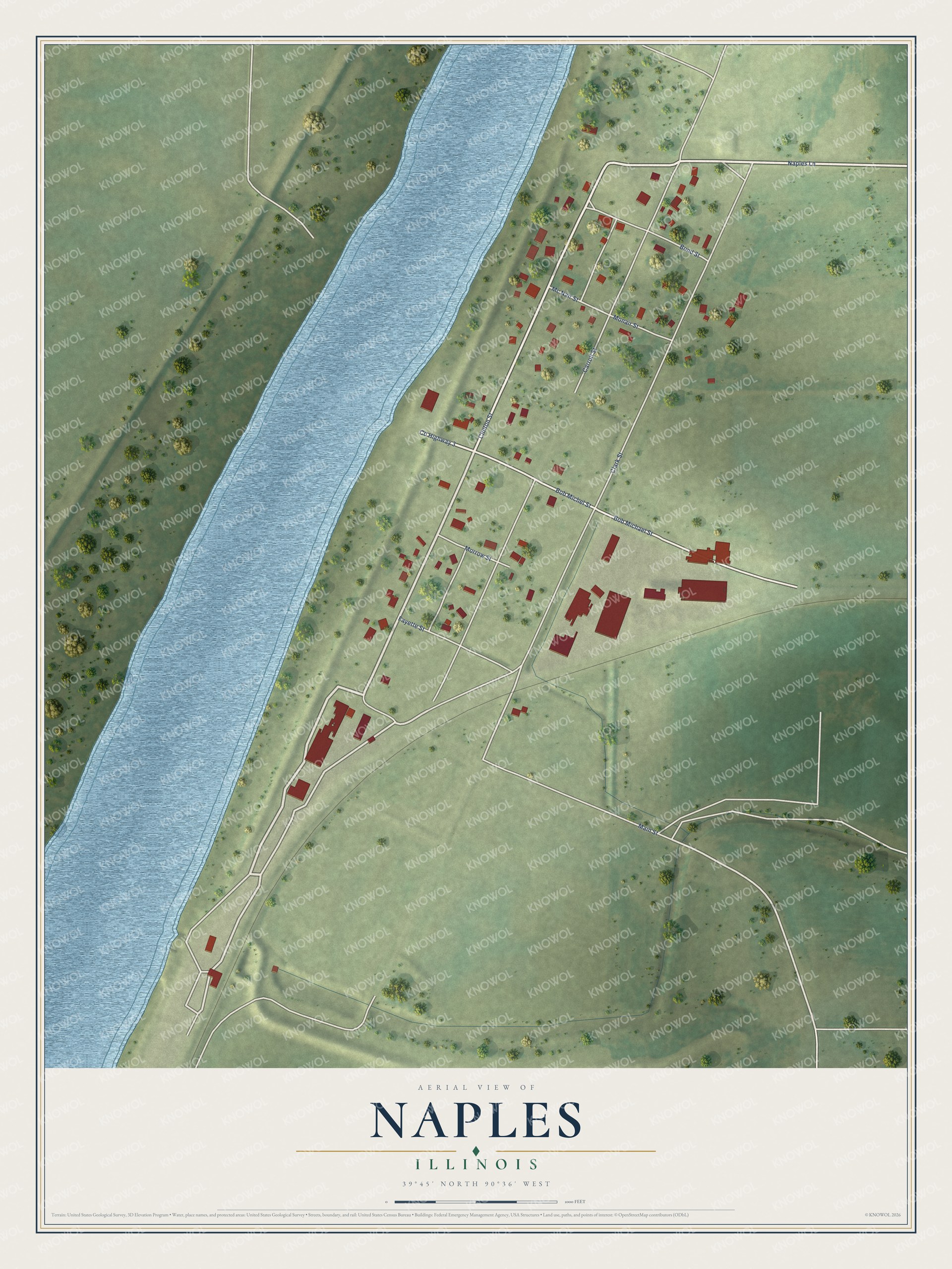 Full map of Naples, Illinois, with red buildings, printed street names and the land around them