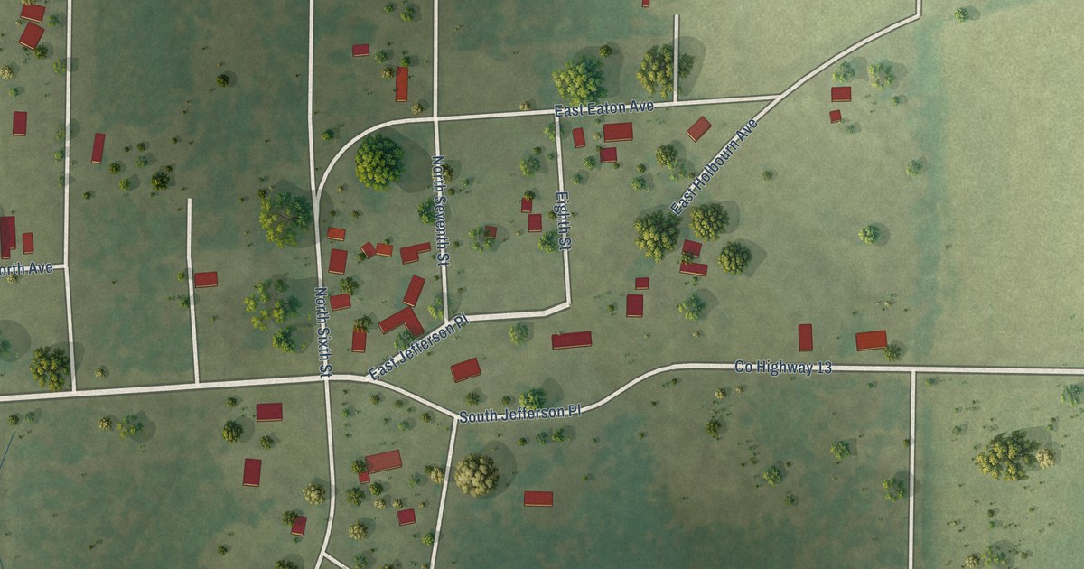 Close-up of streets and buildings in Nason, Illinois