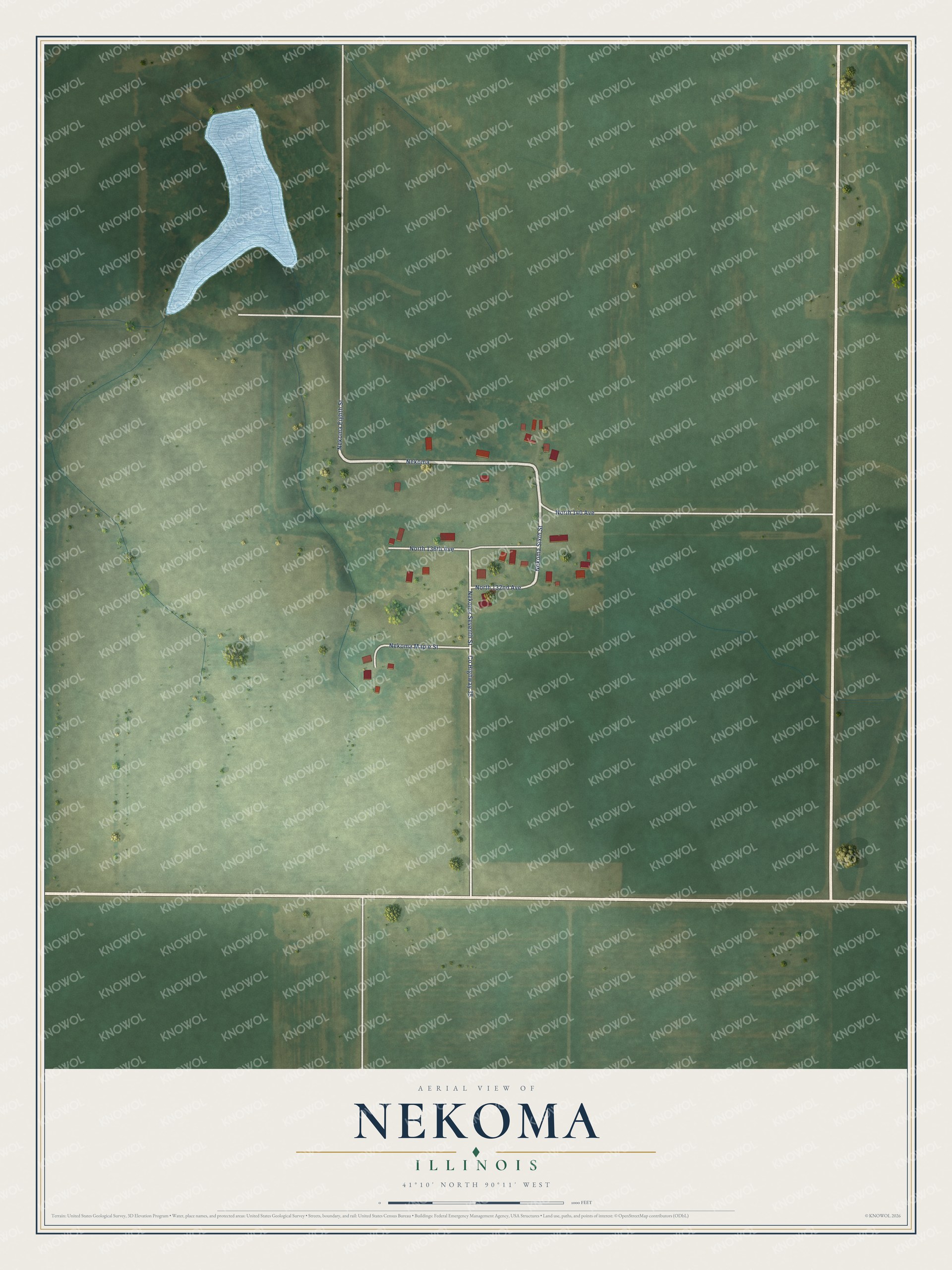 Full map of Nekoma, Illinois, with red buildings, printed street names and the land around them