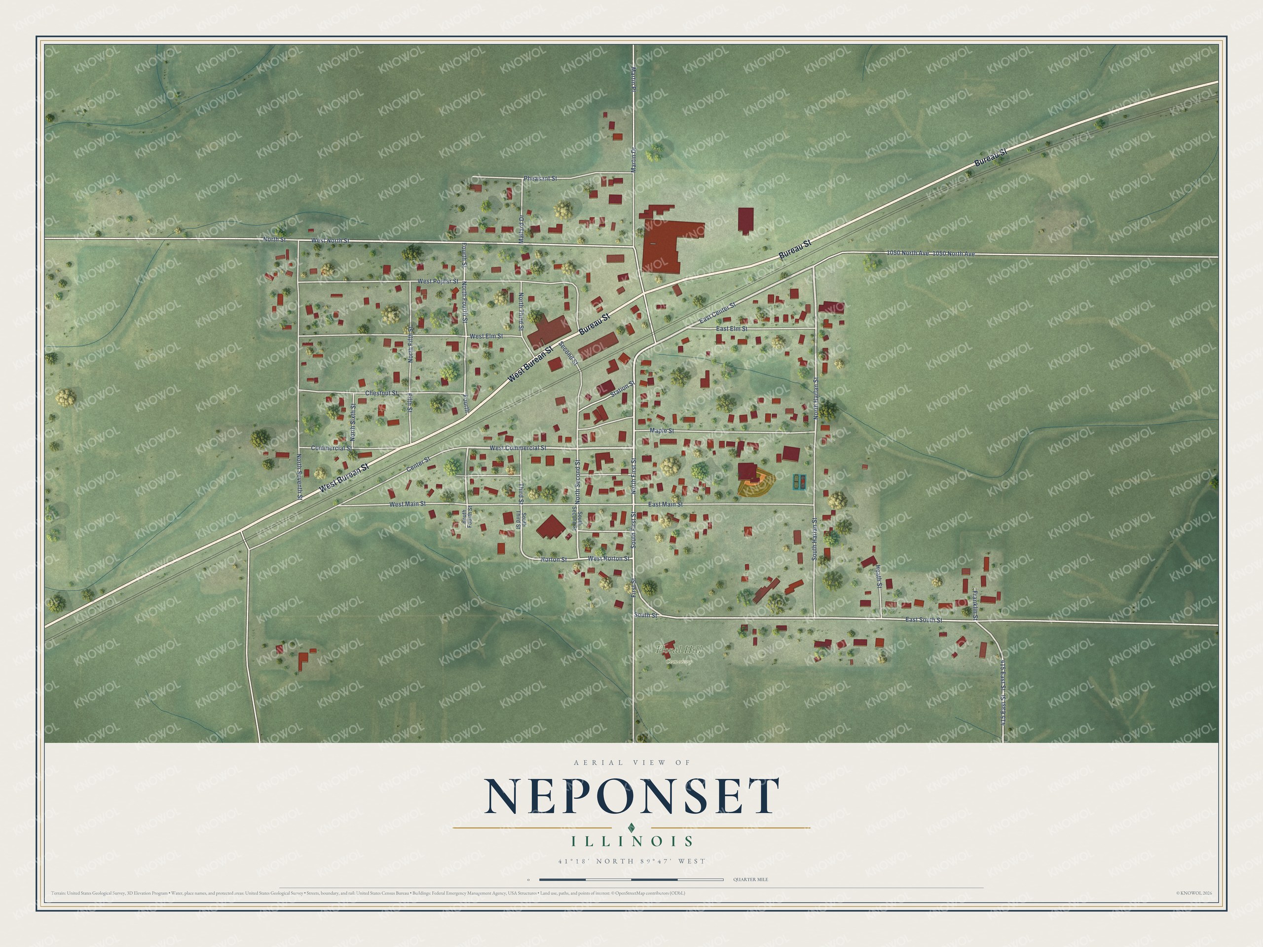 Full map of Neponset, Illinois, with red buildings, printed street names and the land around them